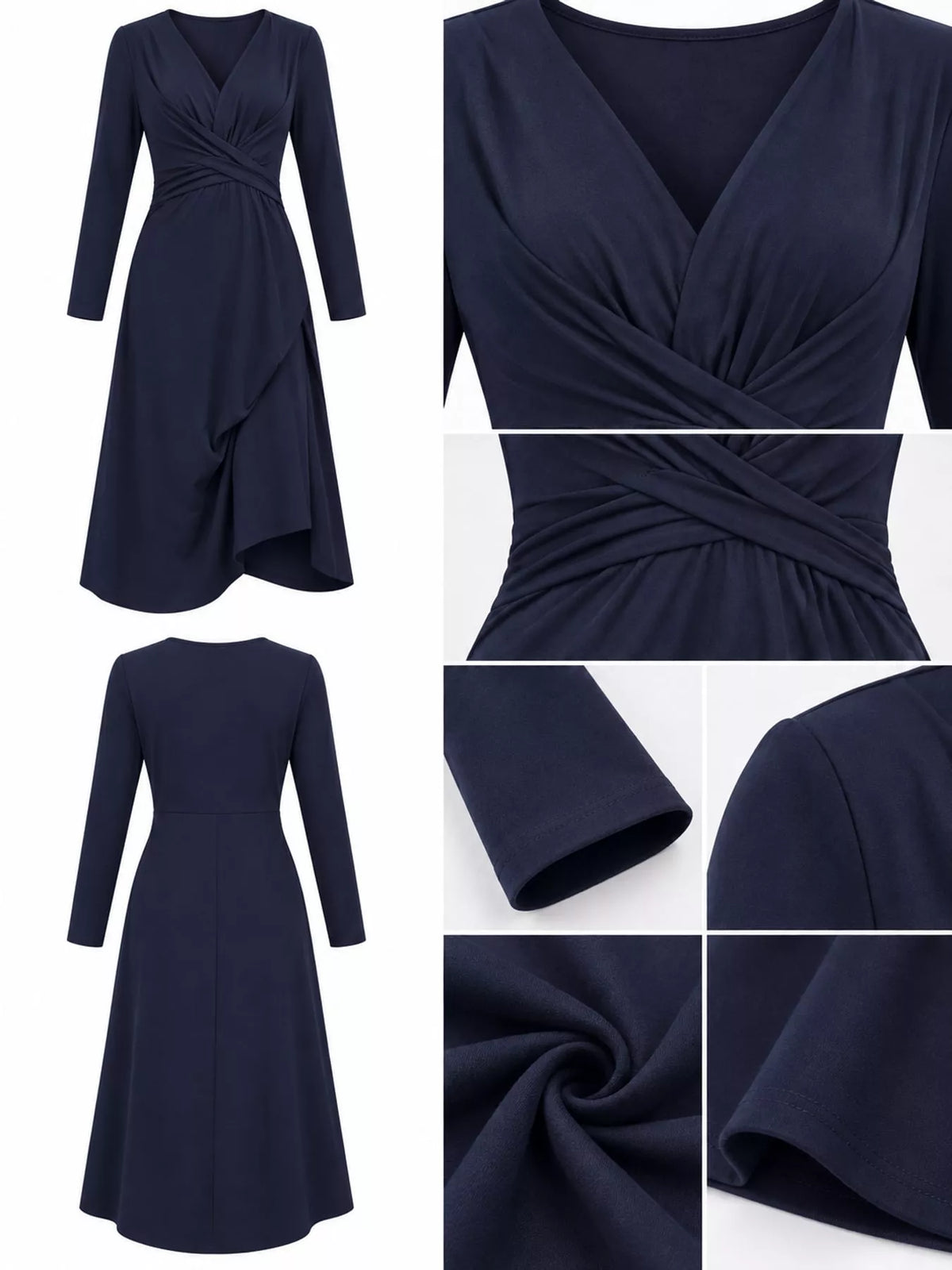Navy long sleeve ruched-front midi dress, neckline waist and construction details