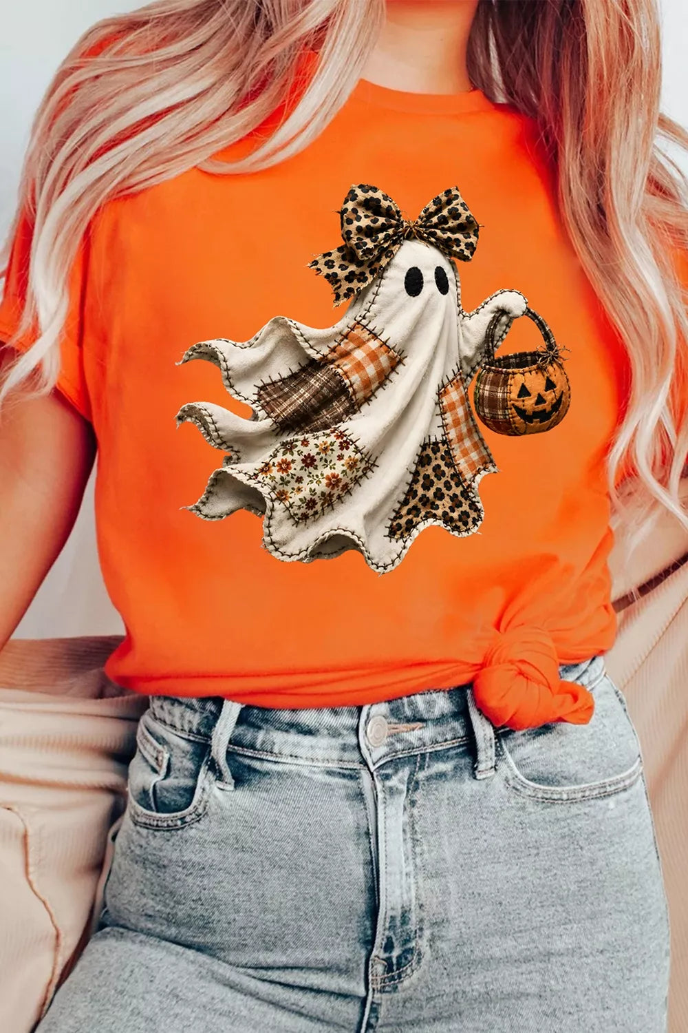 Orange Halloween Ghost Graphic Short Sleeve T-Shirt ghost graphic detail
