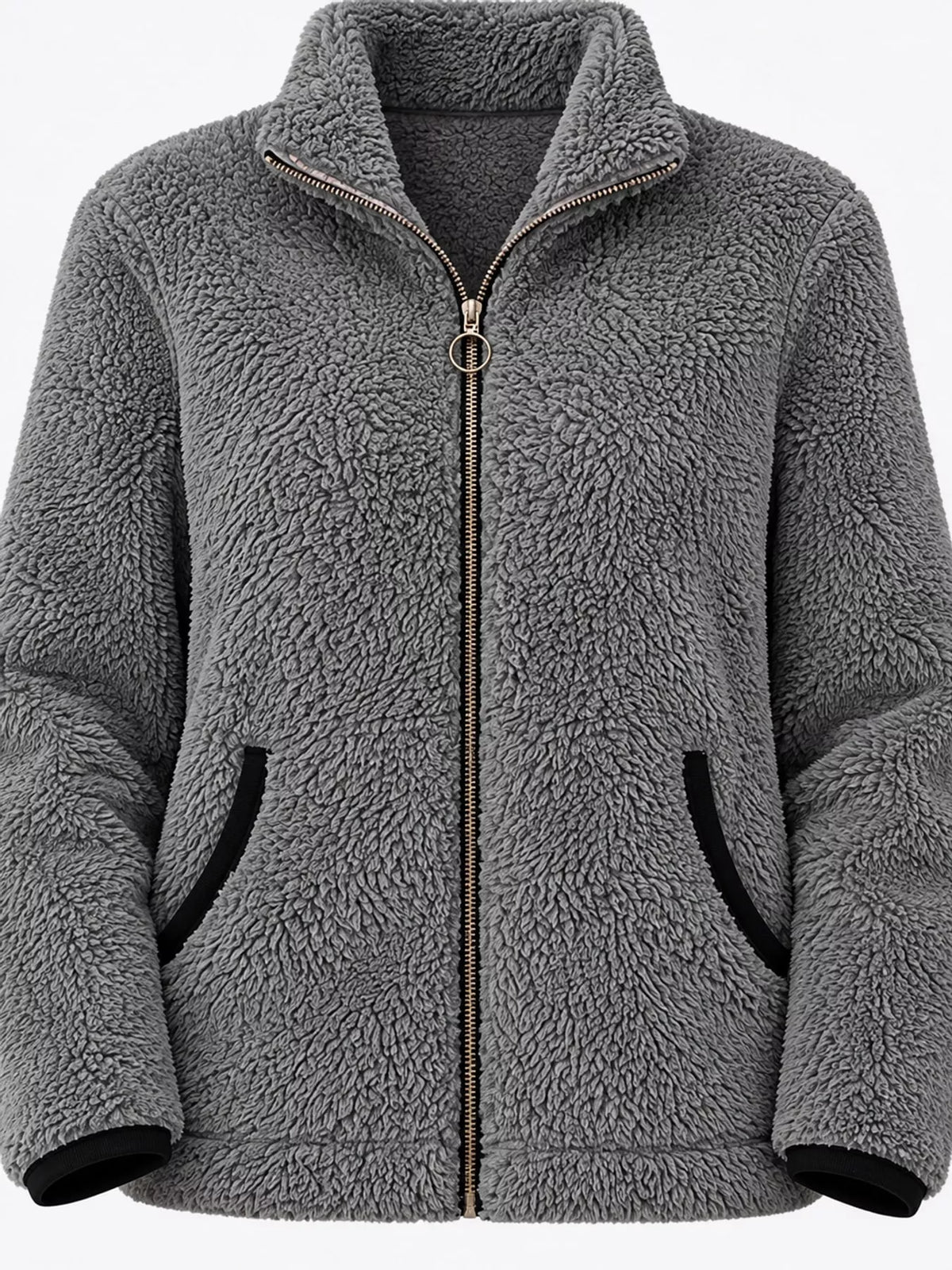 Contrast-trim fleece jacket, gray zip pocket detail