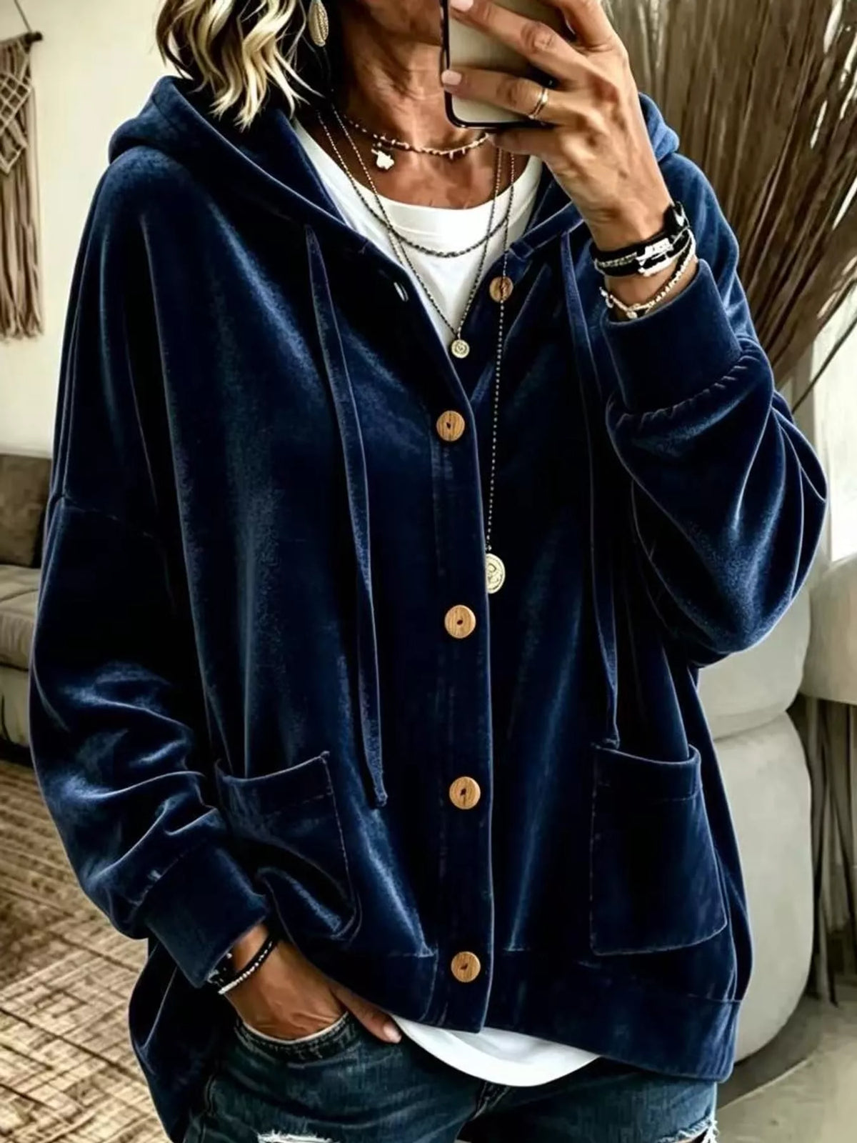Navy blue velvet dropped shoulder hoodie, front view