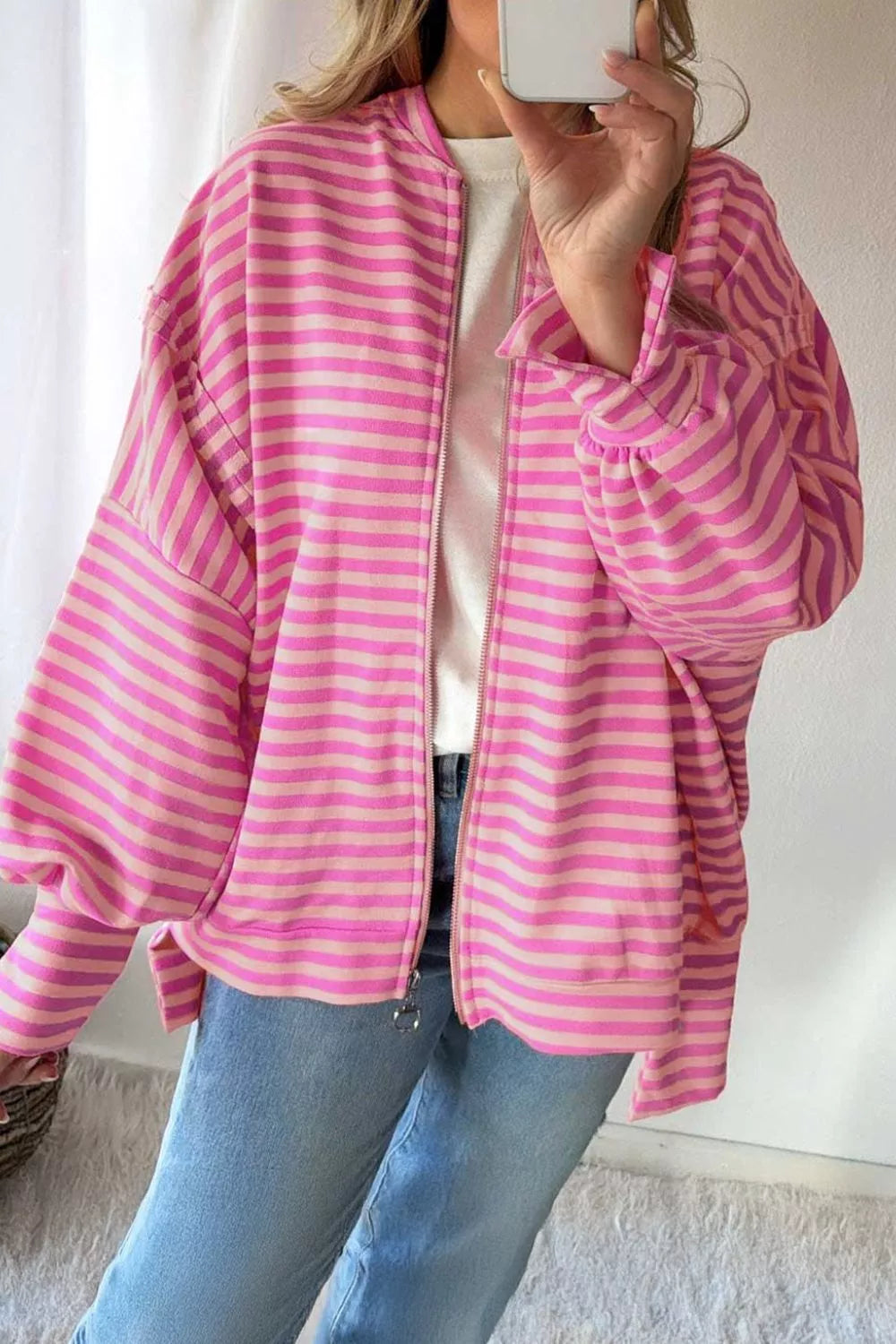 Trendsi Stripe Striped Zip-up Open Front Loose Fit Regular Length Hoodie -