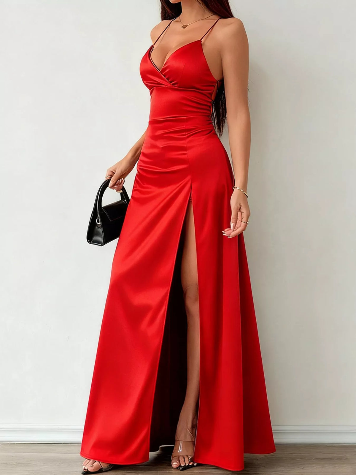 Lace-Up Back Slit Maxi Dress — front view
