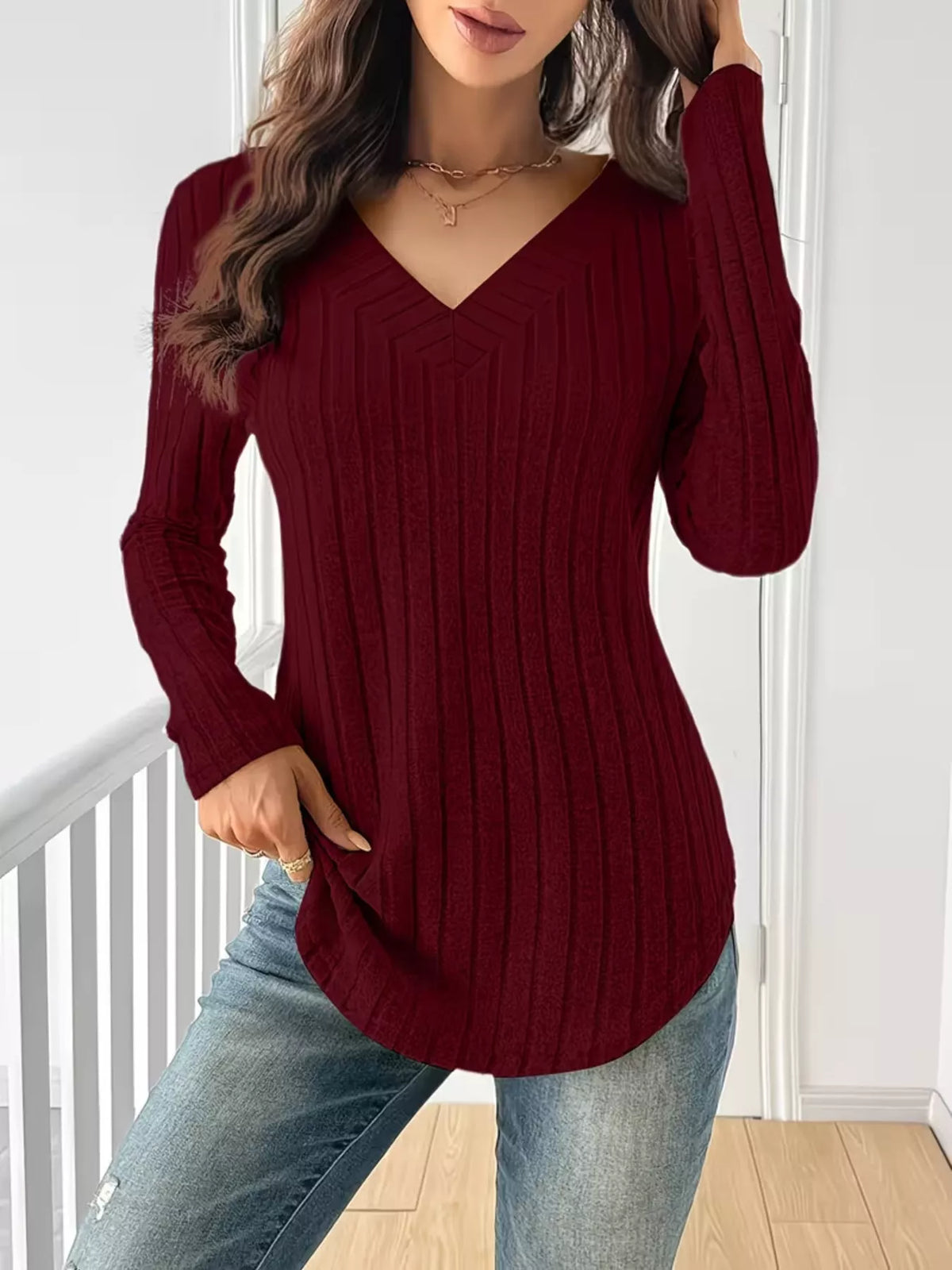 Women's Ribbed Knit Long Sleeve T-Shirt in burgundy — front view