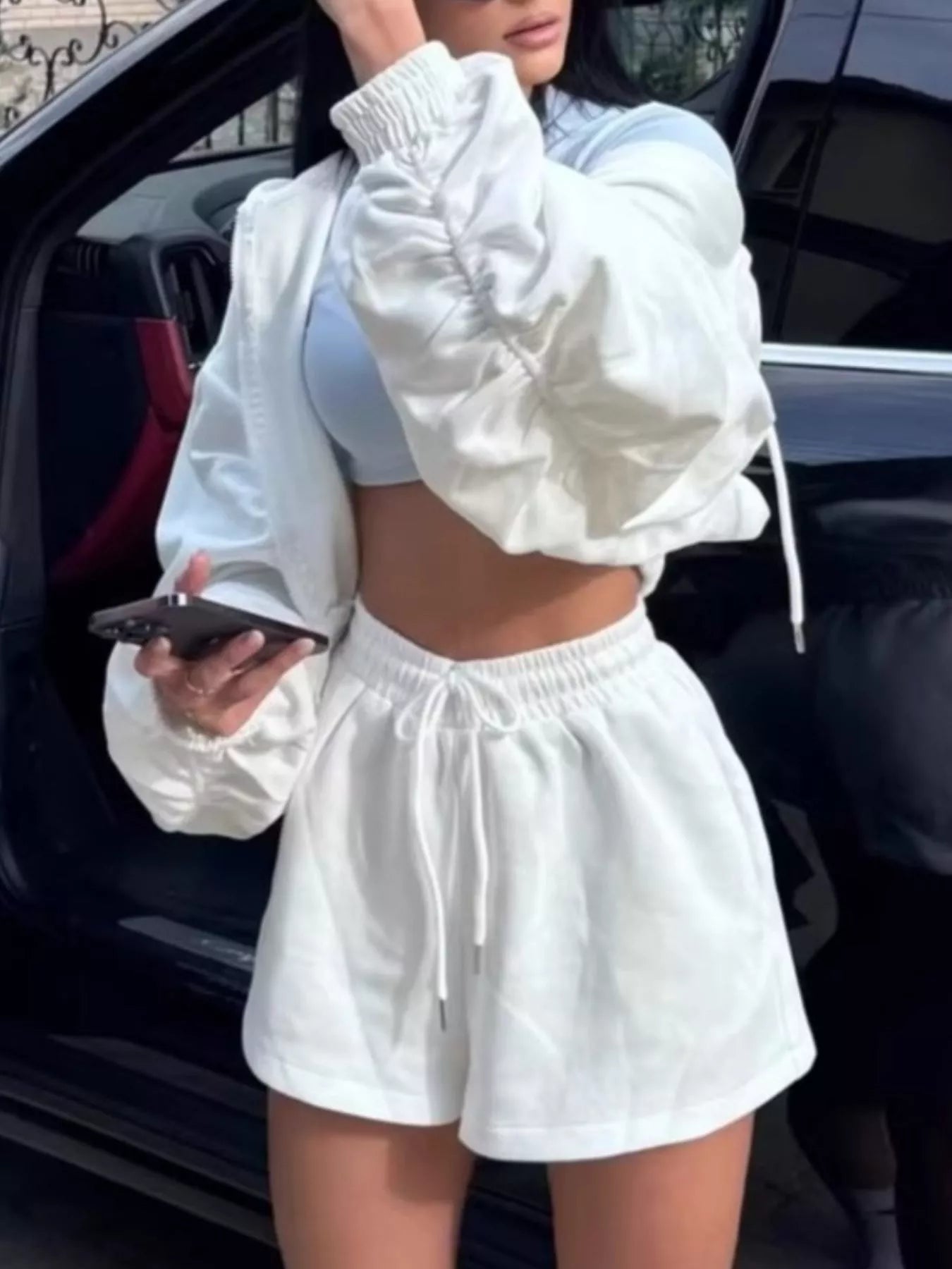 Trendsi Zip-Up Jacket and High-Waisted Drawstring Shorts Set -