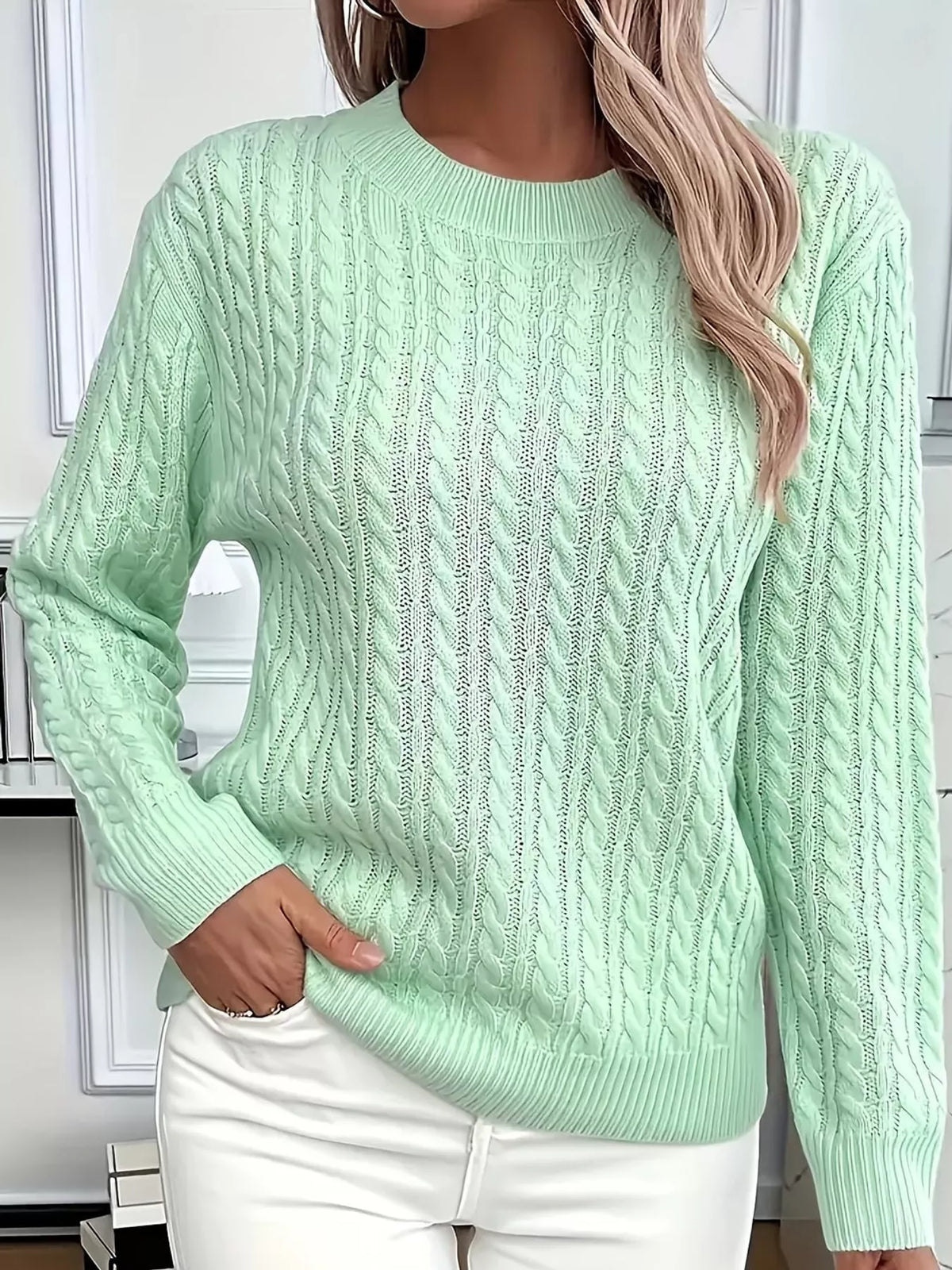 Light Green cable knit round neck sweater