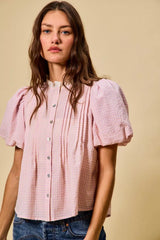 Trendsi SO ME Gingham Lace Trim Button Bubble Sleeves Blouse -