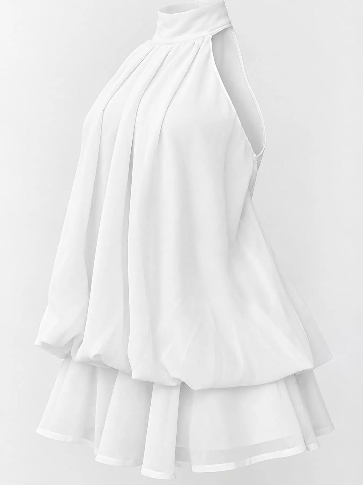 White halter neck layered mini dress, layered skirt detail