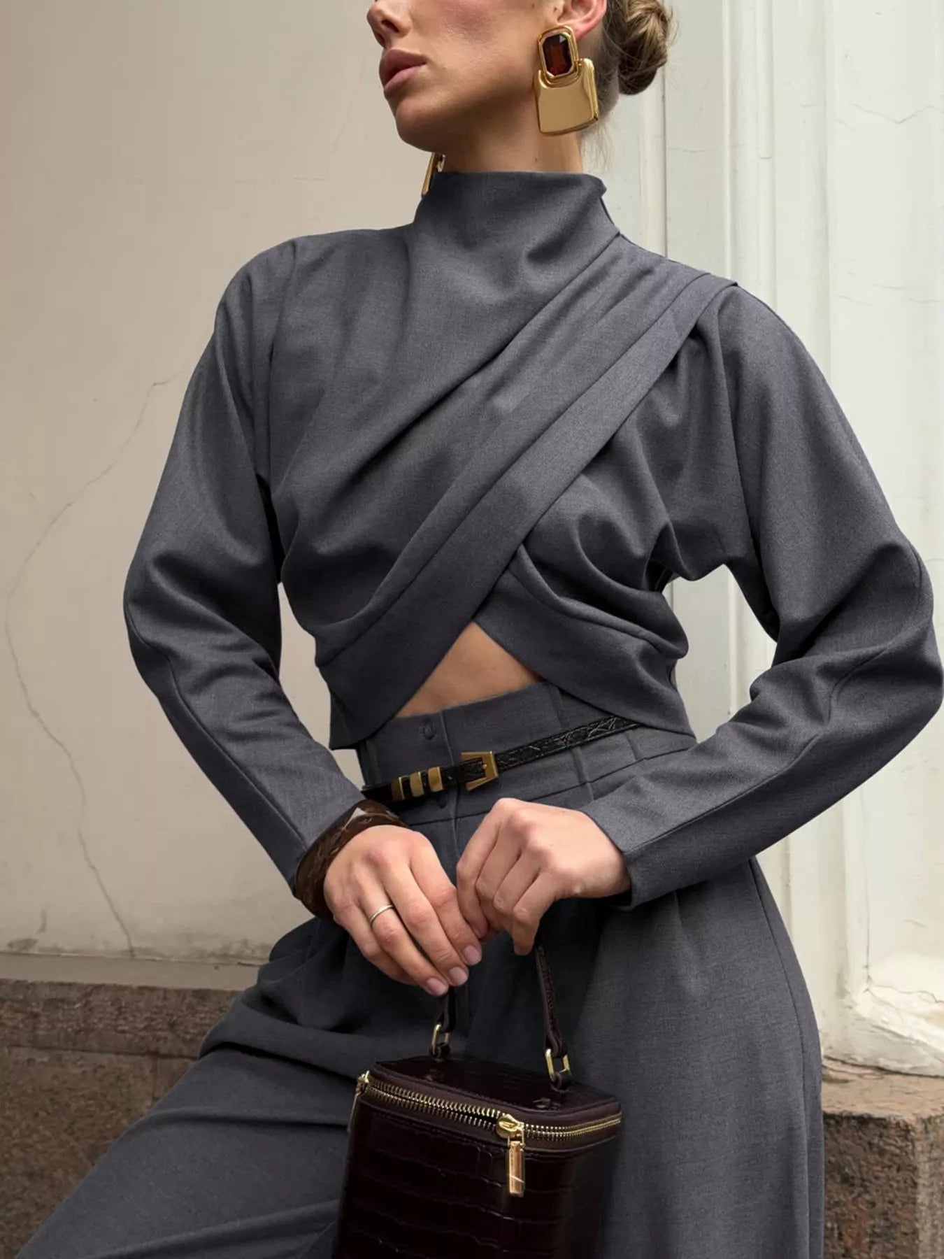 Trendsi Draped Crop Top and Wide-Leg Pants Set -