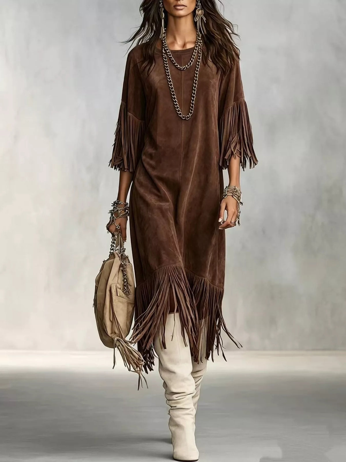 Brown fringed asymmetric-hem midi dress, full front view