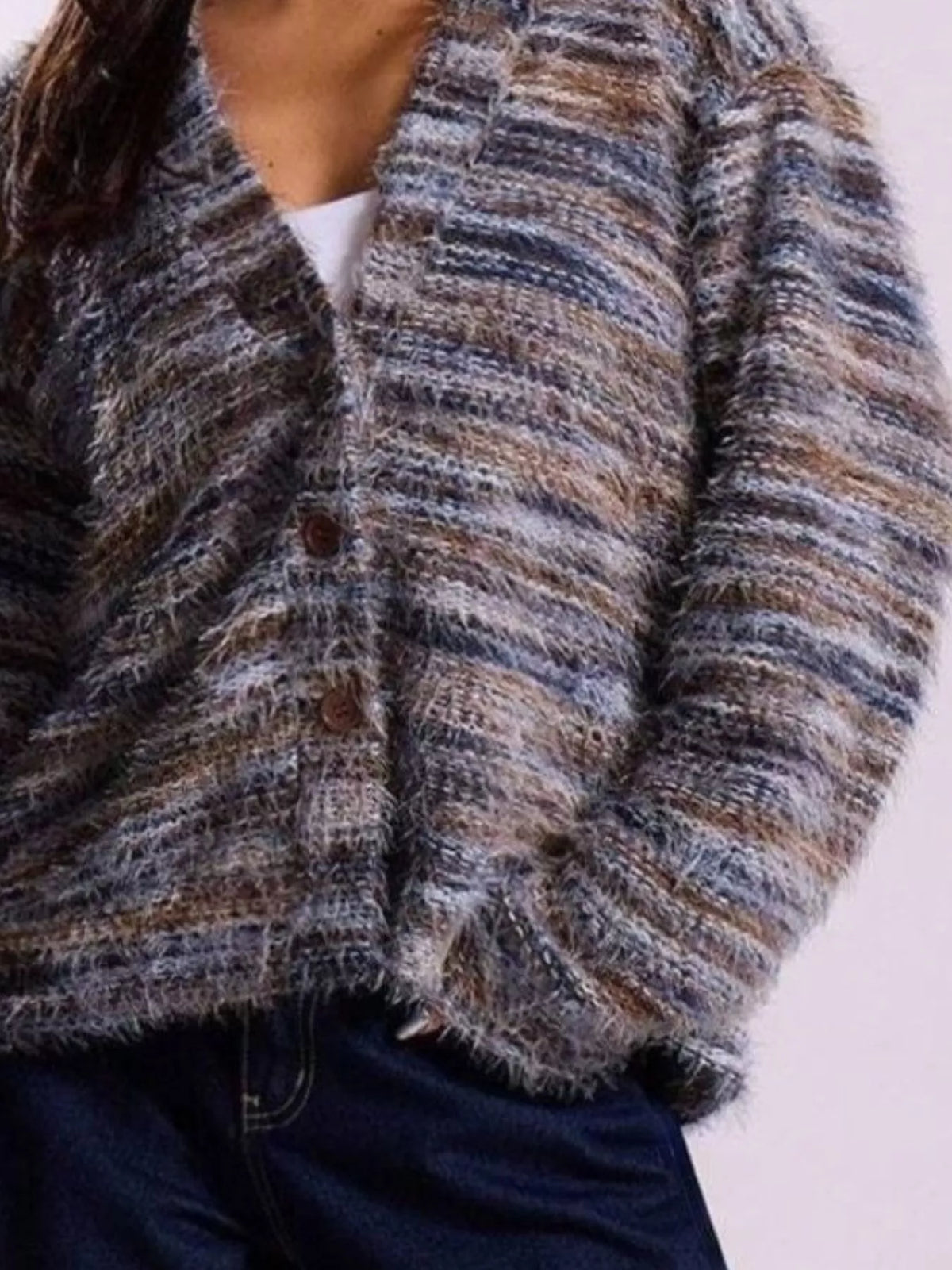 Fuzzy Knit V-Neck Button-Down Cardigan — construction details