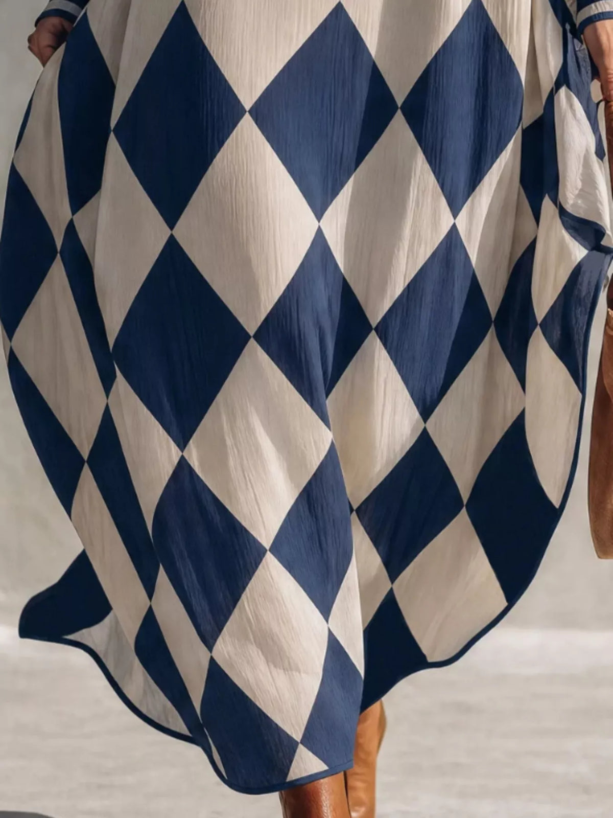 Trendsi Argyle Pattern V-Neck Long Sleeve Dress -