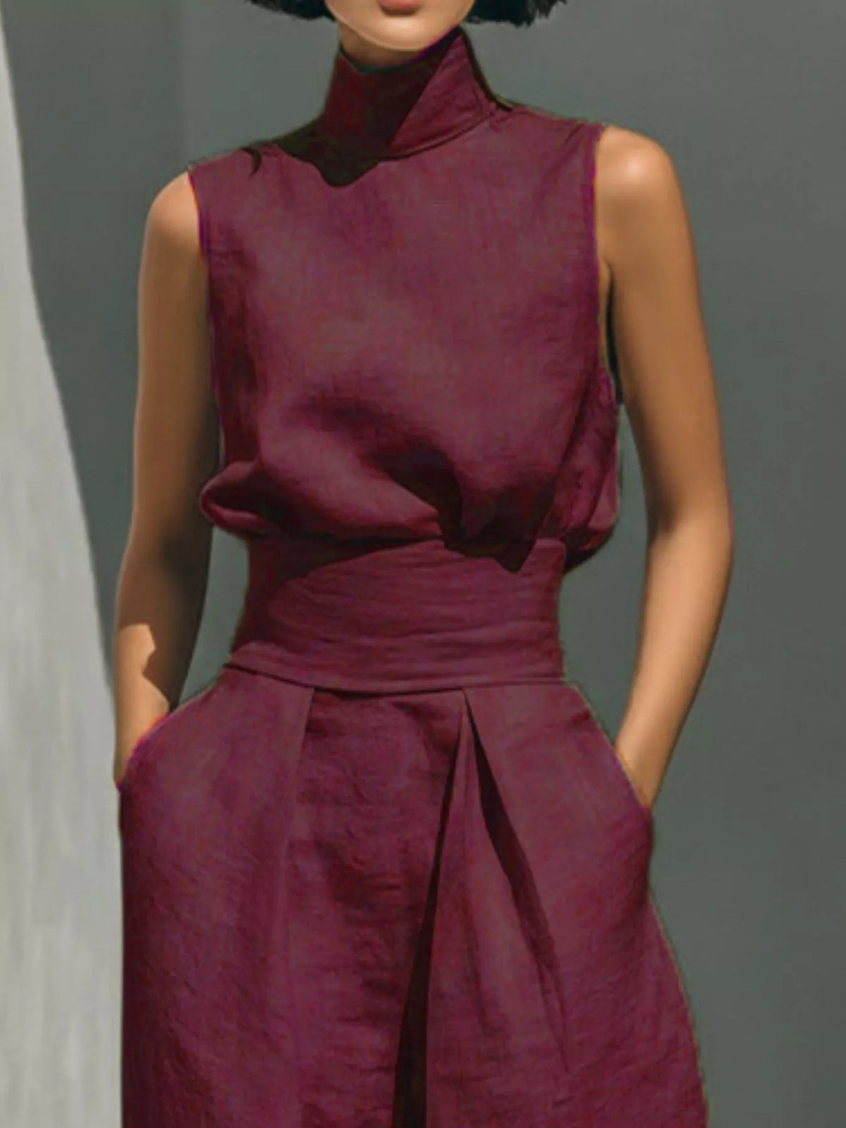 Turtleneck sleeveless top and wide-leg pants set