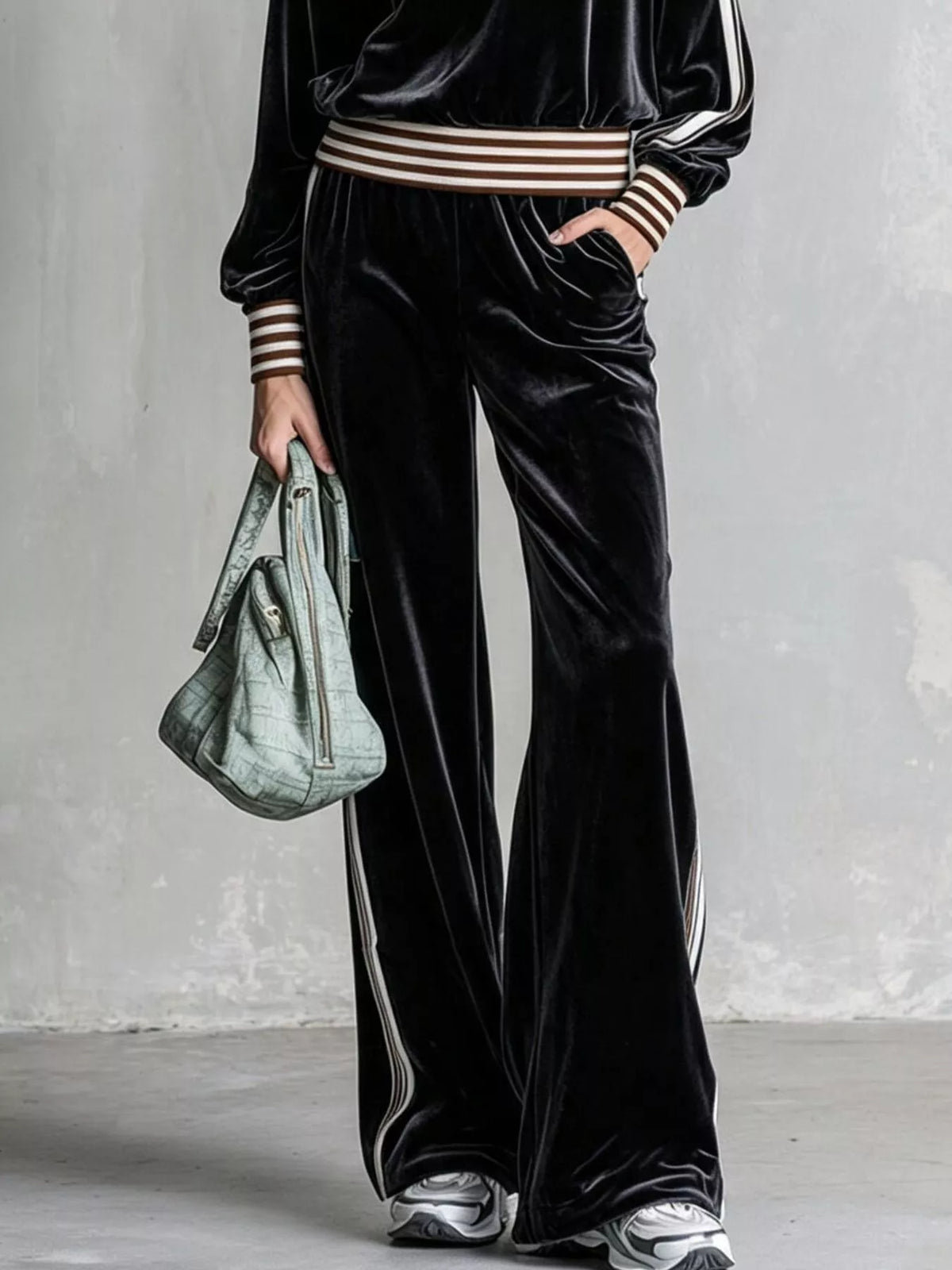 Black striped half-zip top and pants set, pants detail