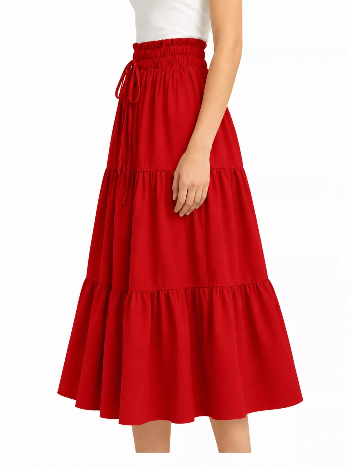 Red drawstring tiered skirt — side view