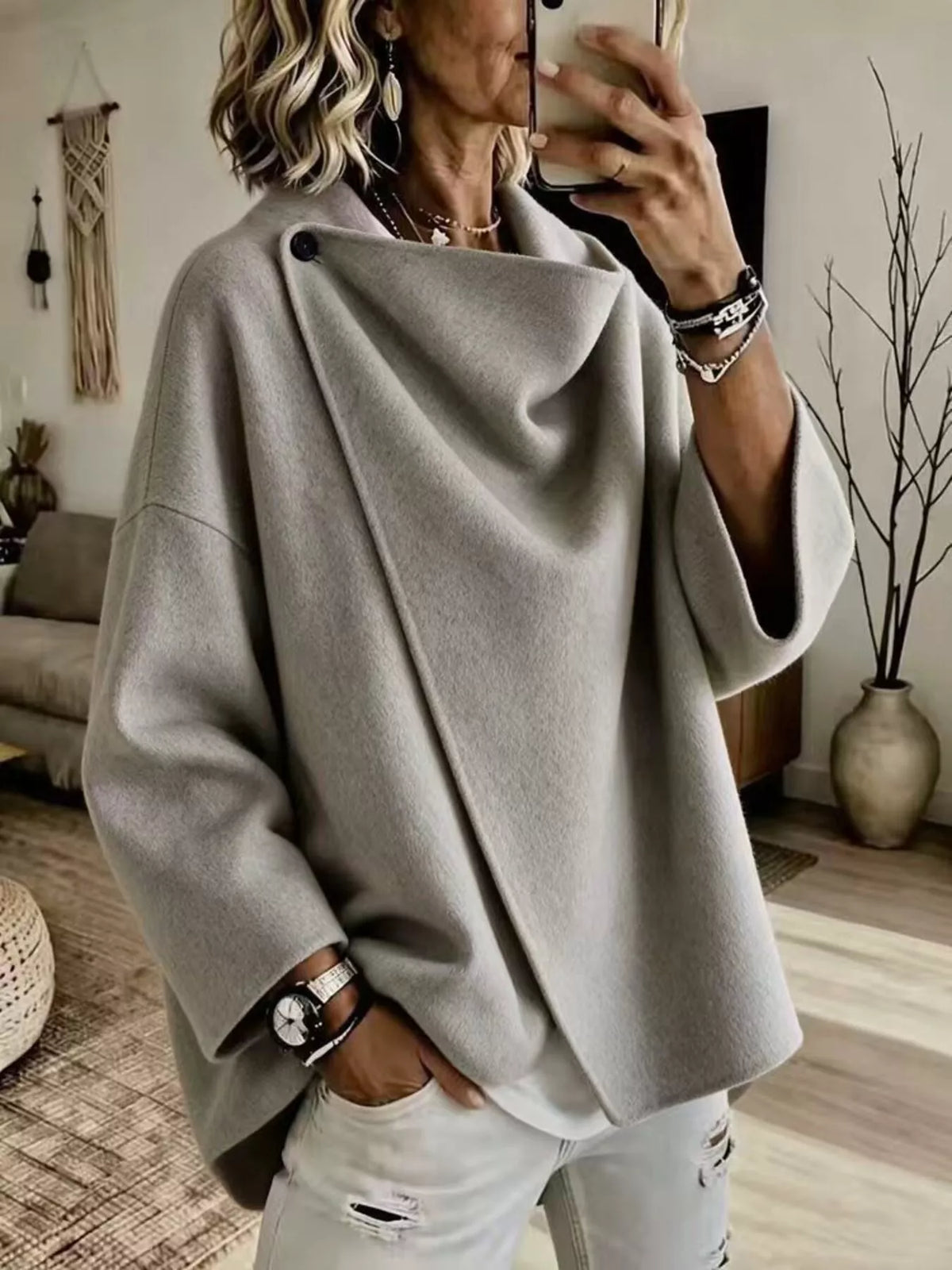 Women's Asymmetric Collar Button Detail Jacket in gray — front view