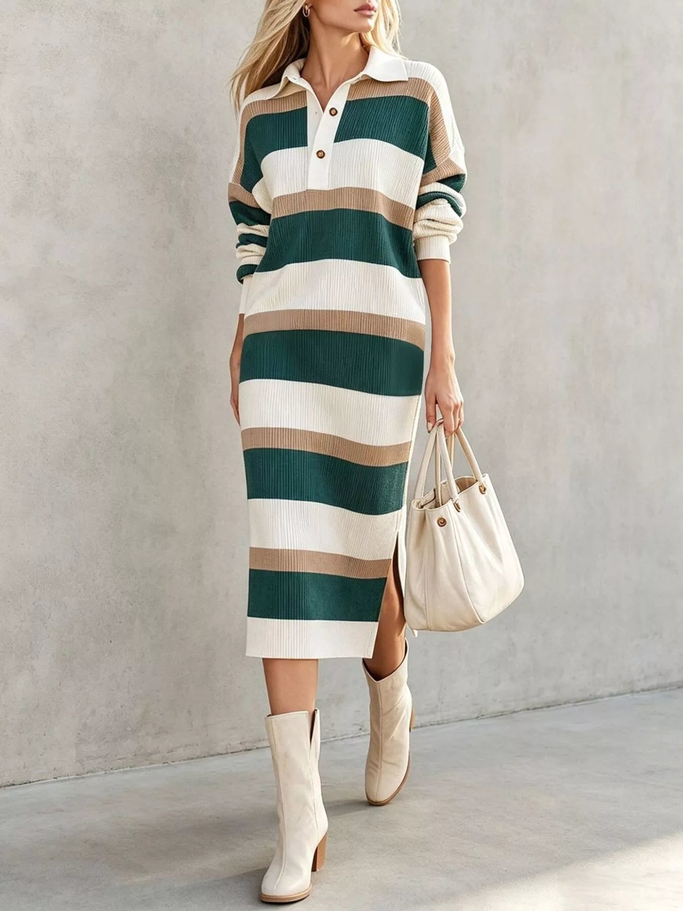Trendsi Striped Polo Collar Long Sleeve Sweater Dress -