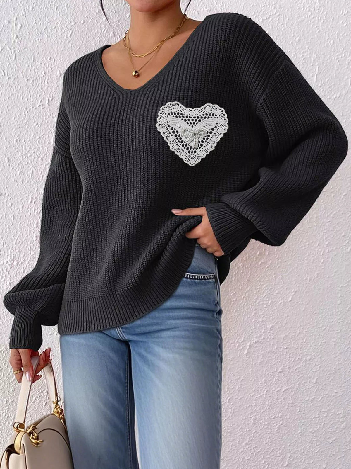 Black Lace Heart Dropped Shoulder Sweater side view