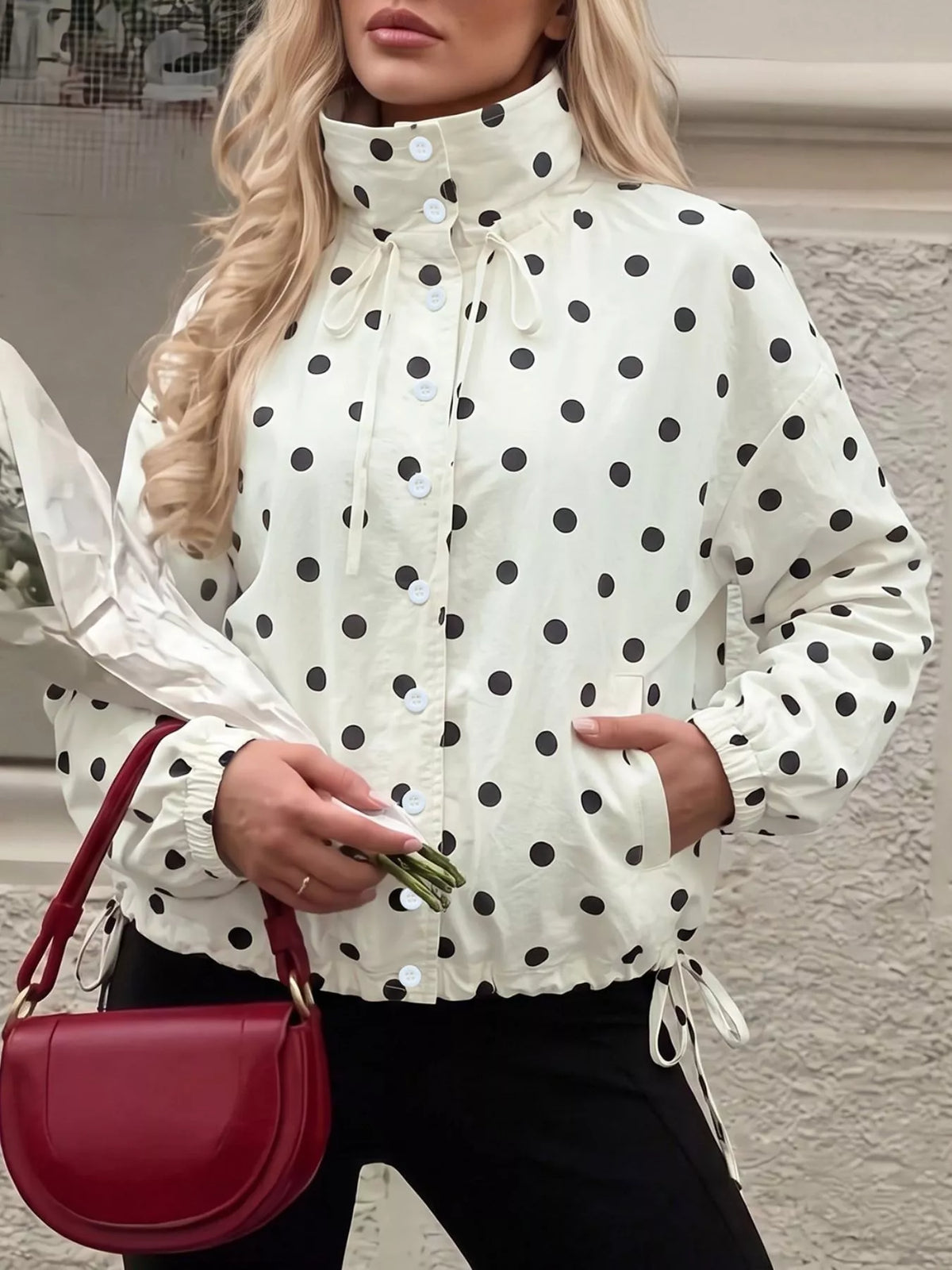 Trendsi Polka Dot Stand-Collar Casual Jacket -