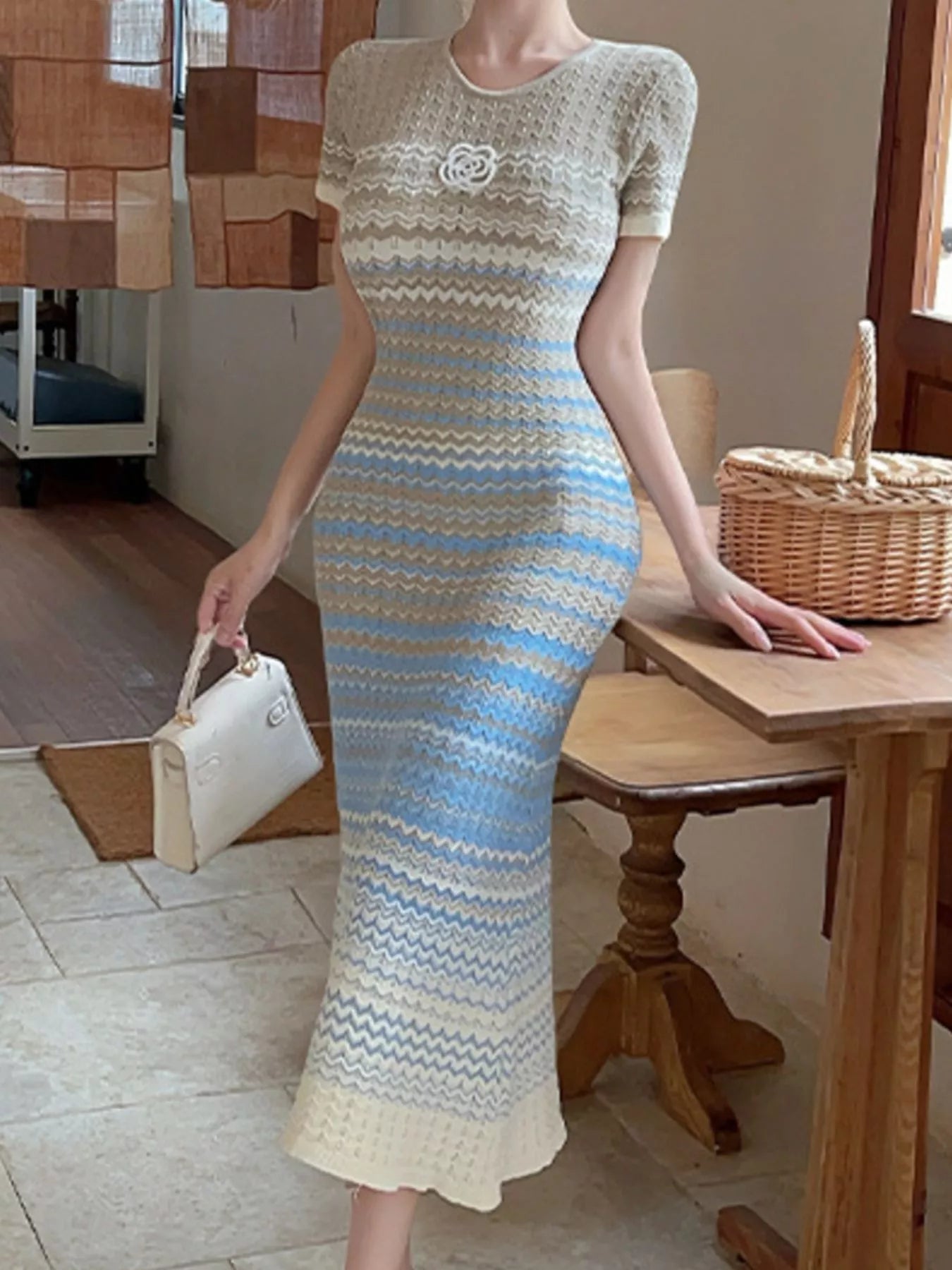 Trendsi Gradient Knit Striped Short Sleeve Midi Dress -