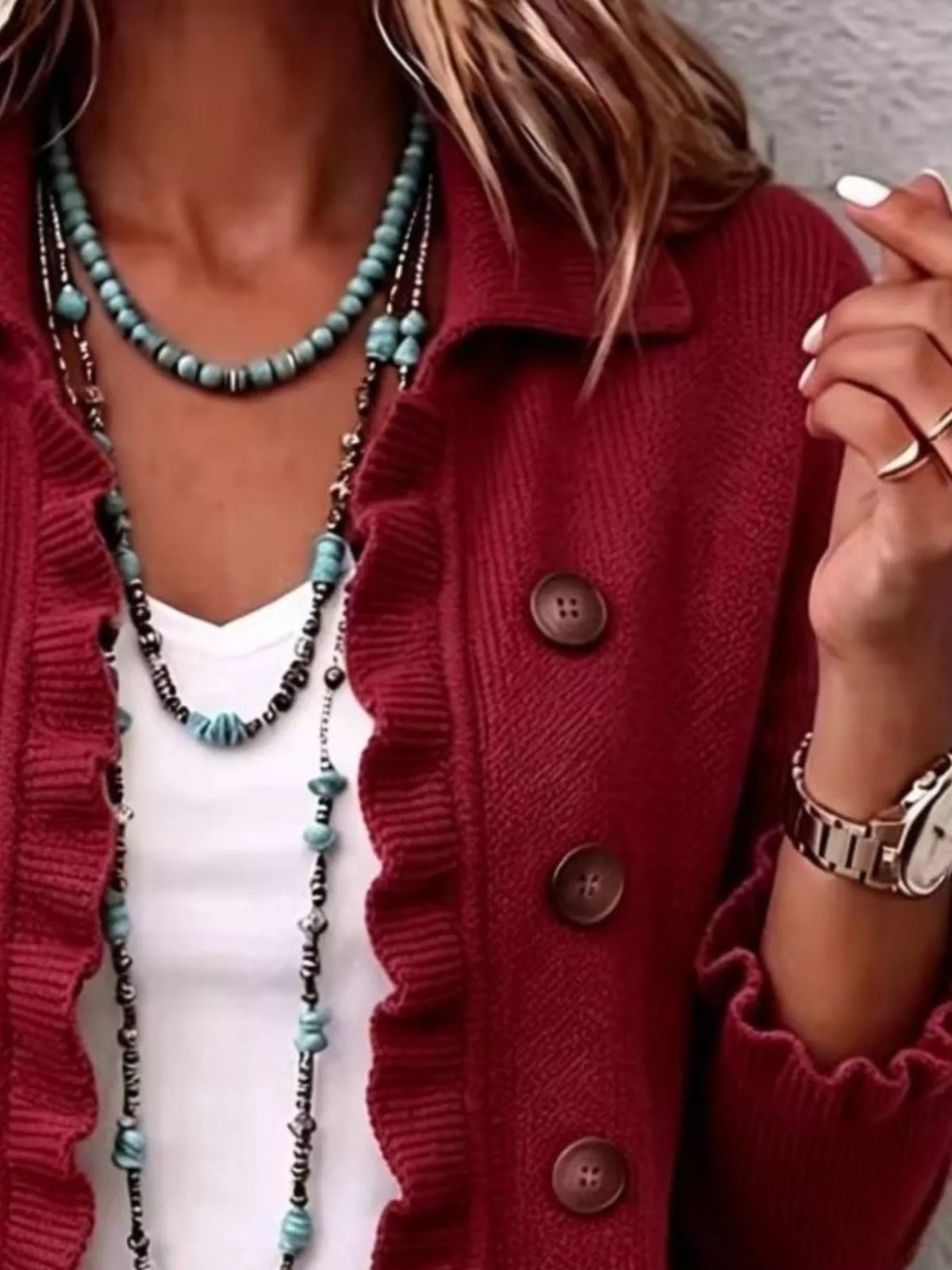 Ruffle-trim button-front cardigan