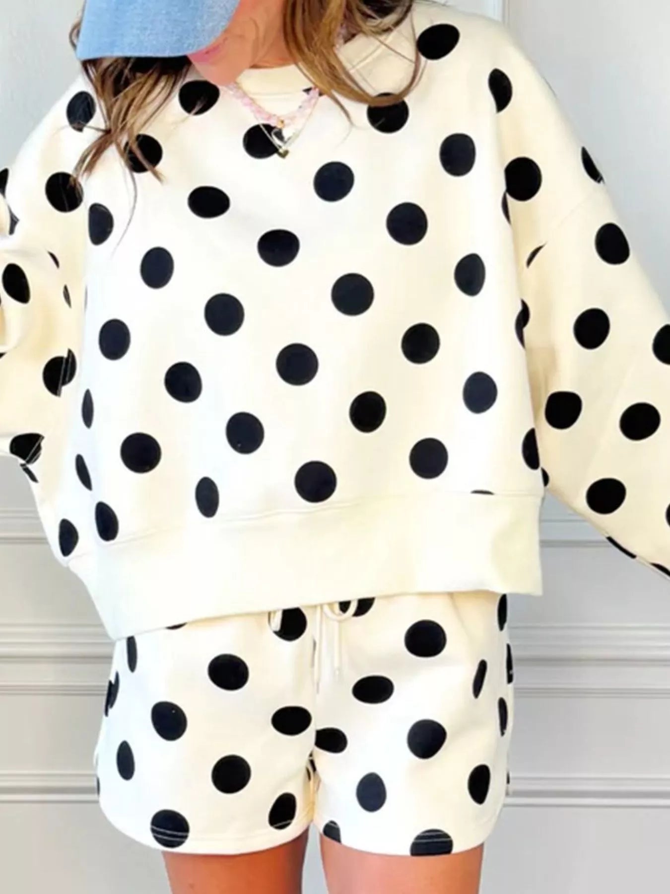 Trendsi Polka Dot Crewneck Sweatshirt and Shorts Set -