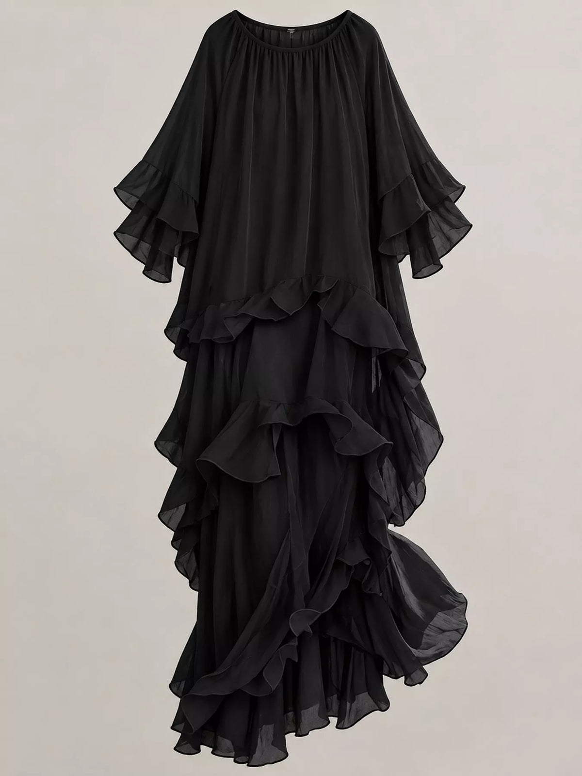 Black ruffled layered bohemian maxi dress, front view