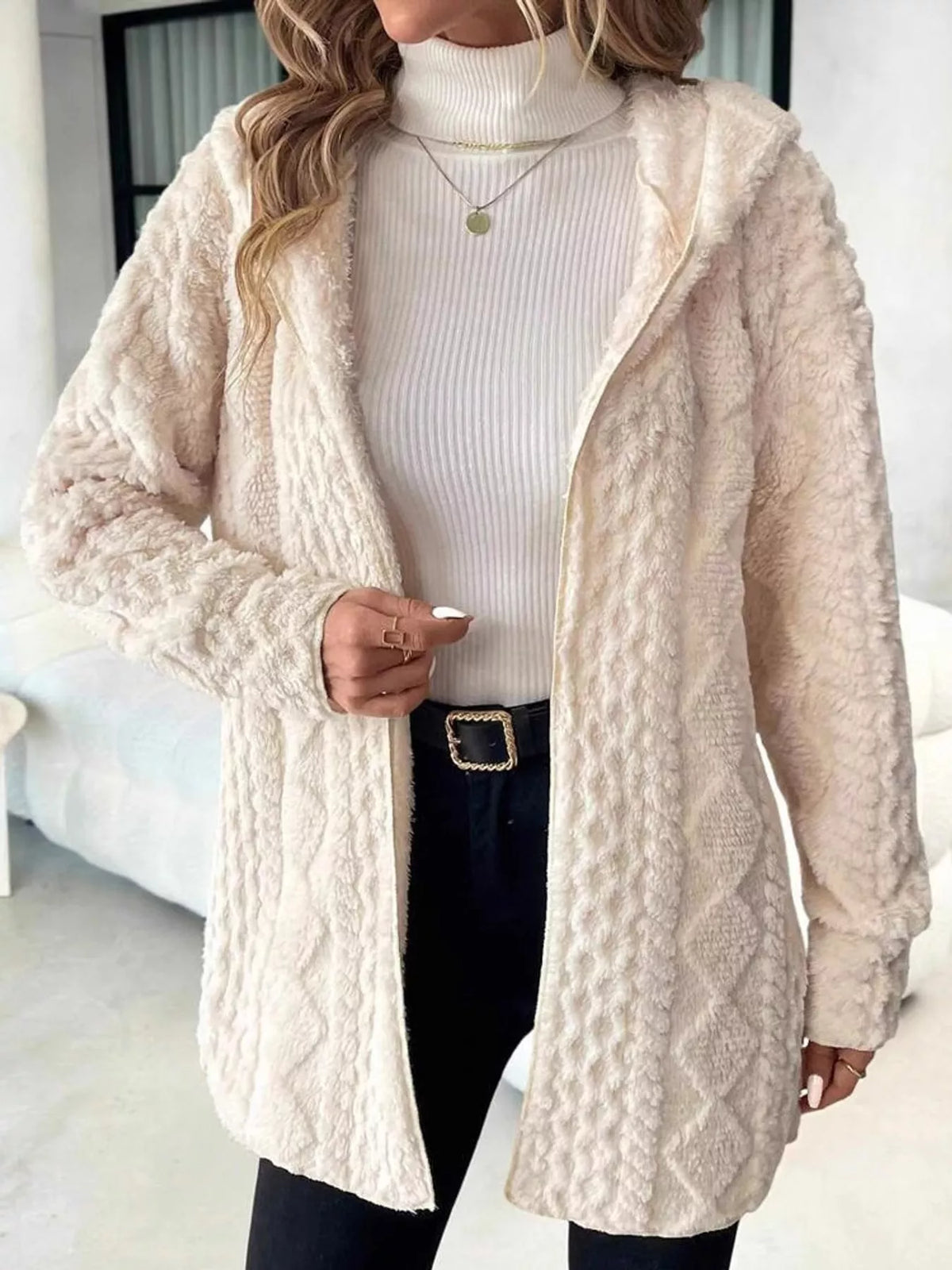 Cable Knit Zip-Up Hooded Cardigan in off-white
