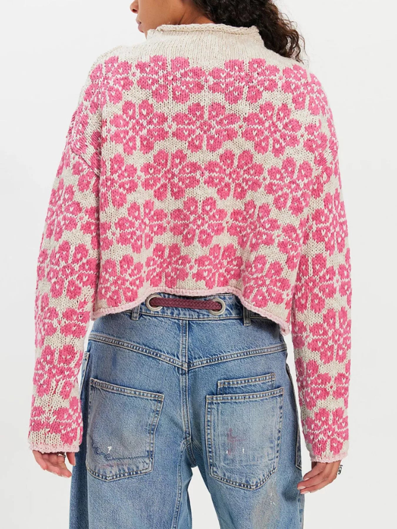 Trendsi Floral Contrast Trim Dropped Shoulder Sweater -