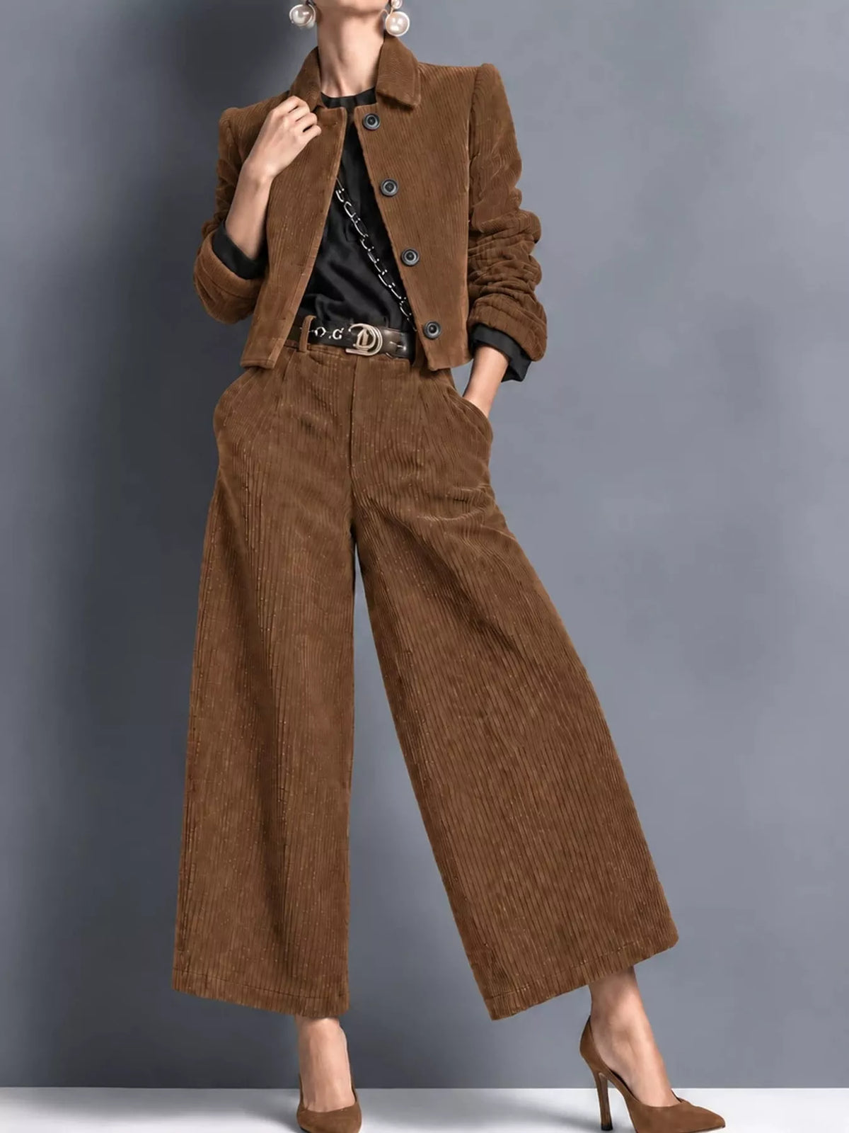 Corduroy Button Up Blazer and Pants Set in caramel