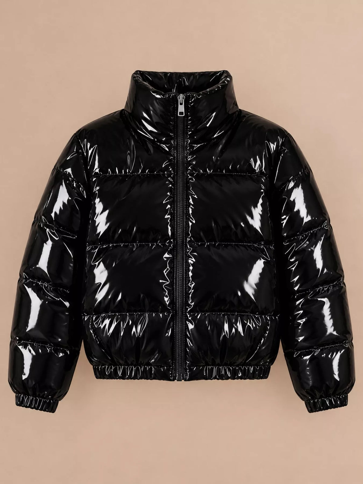Glossy Stand-Collar Zip-Up Puffer Jacket — garment front
