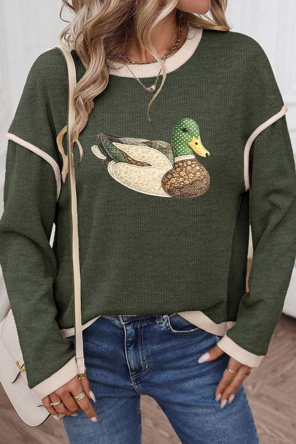 Trendsi Duck Graphic Contrast Trim Patchwork Casual Knit Top -