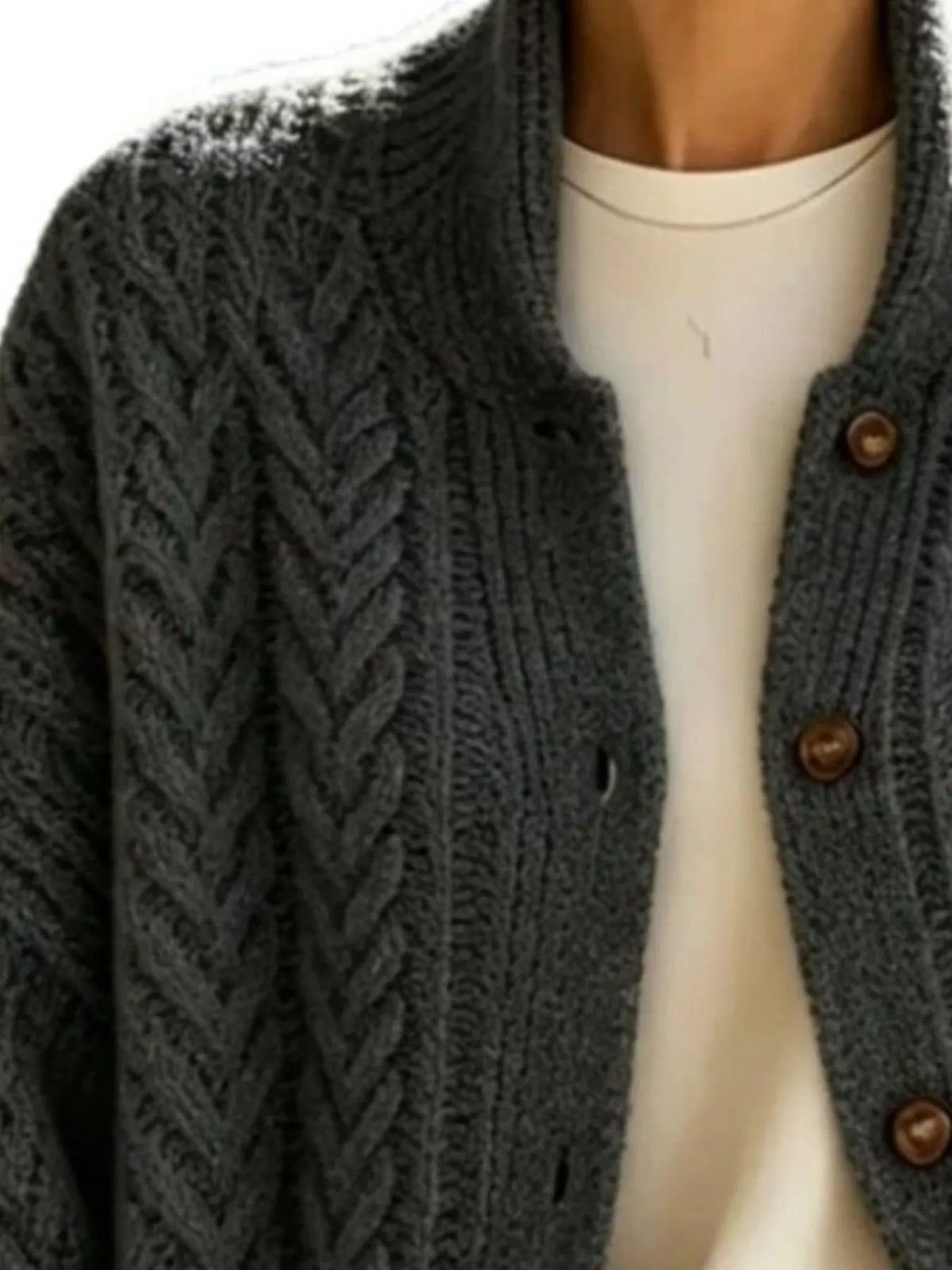 Dark gray longline cable-knit button-front cardigan, cable knit and button detail.