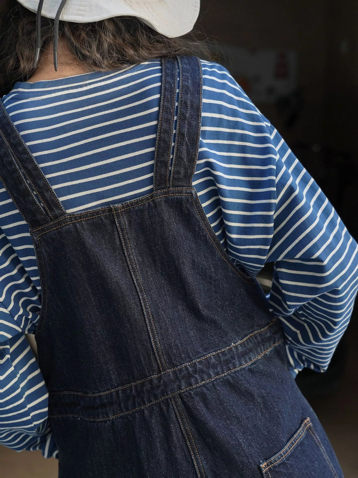 Women's Vintage Dark Wash Wide-Leg Denim Overalls in dark blue — strap detail view