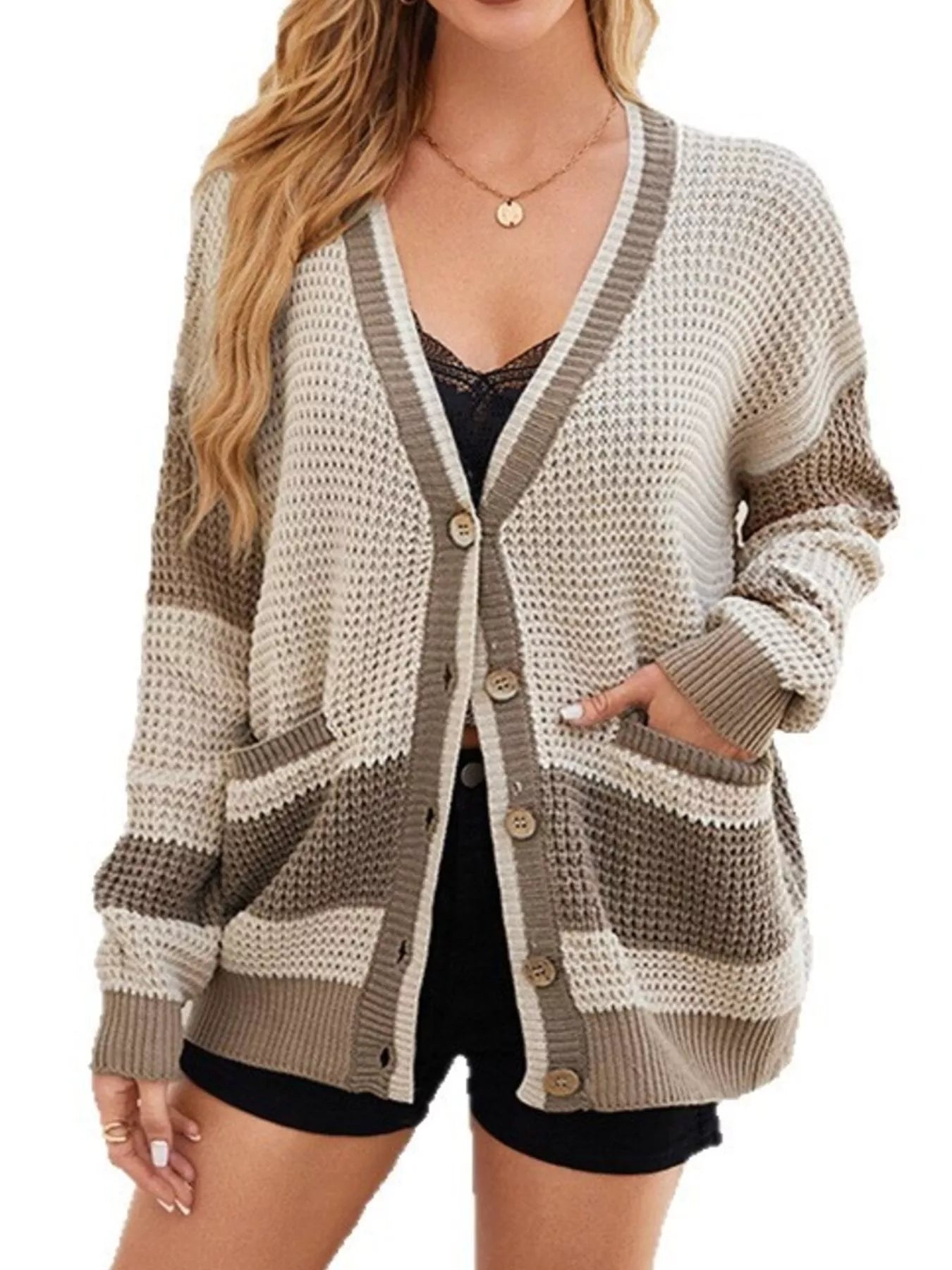 Trendsi Color Block V-Neck Cardigan -
