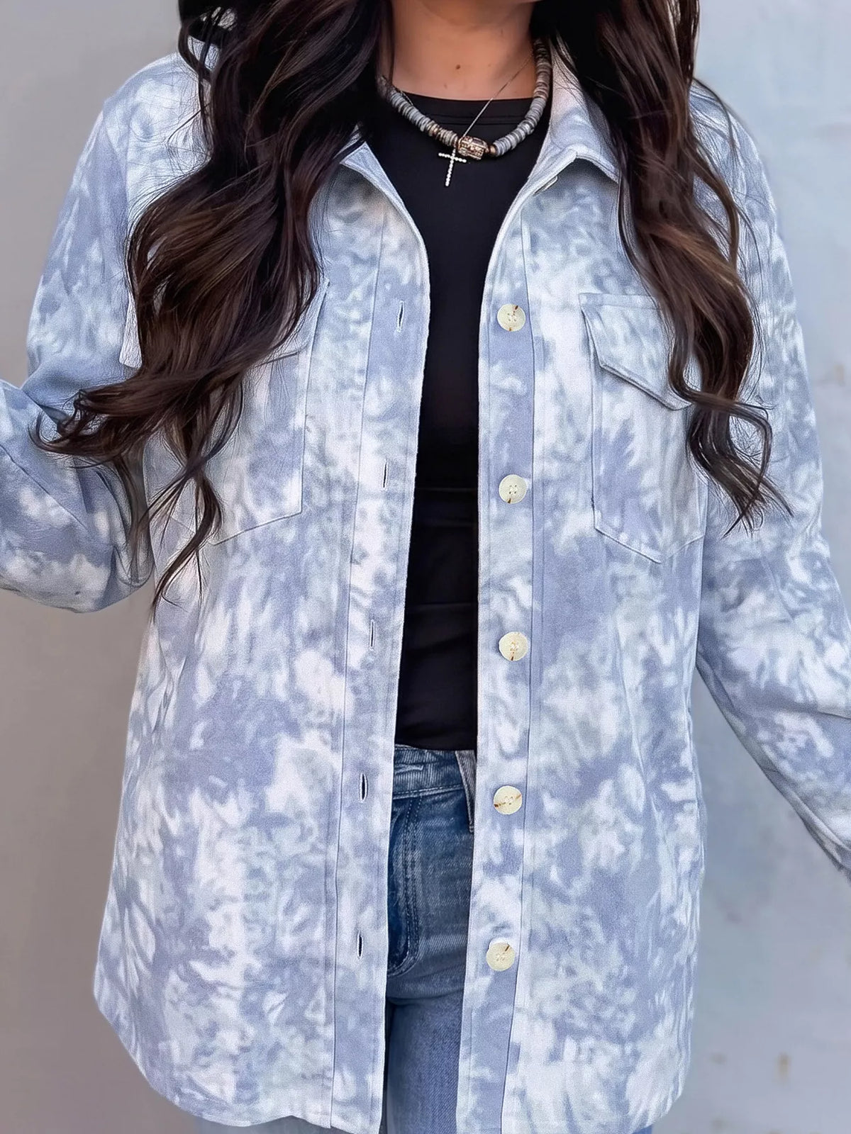 Light blue abstract print fuzzy collar tunic jacket — front view