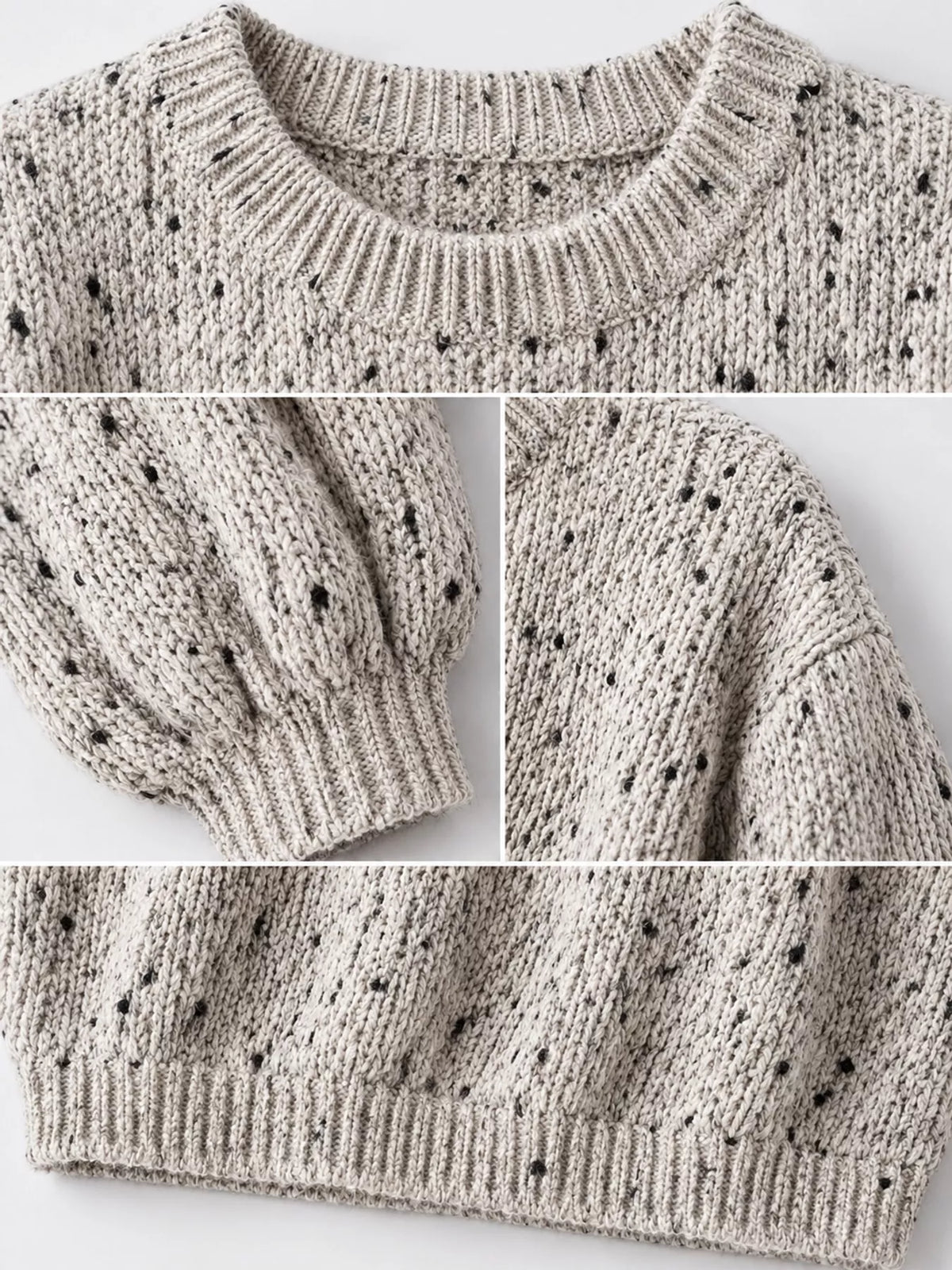 Beige chunky knit round neck sweater, detail view