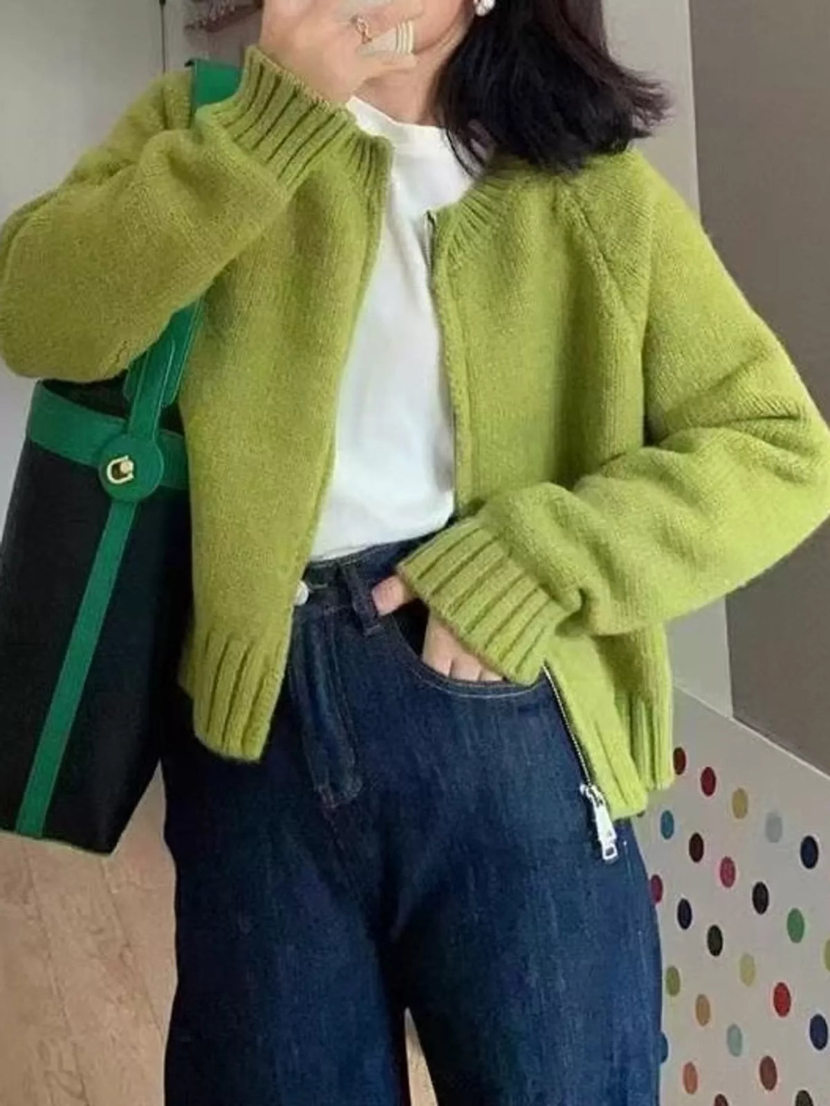 Ribbed-hem cardigan, green front