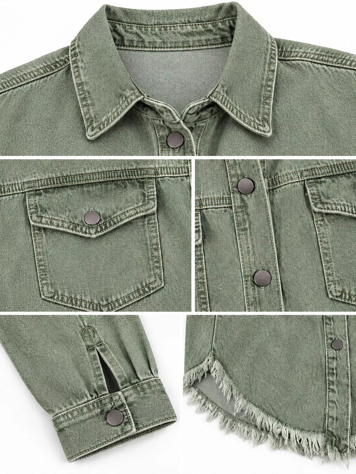 Green raw hem button-up denim jacket — design and construction details