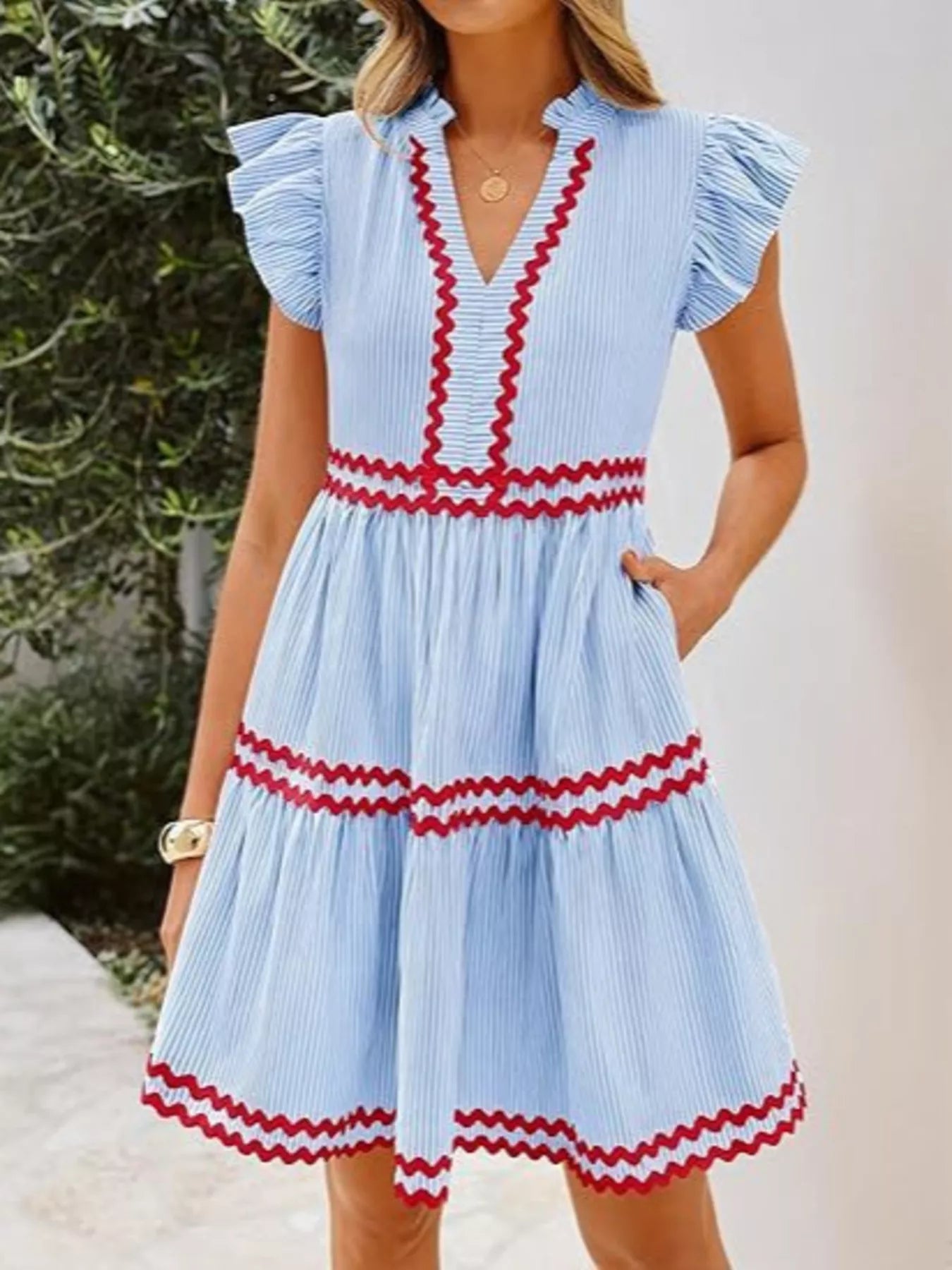 Trendsi Striped Ruffle Sleeve Tiered Dress -