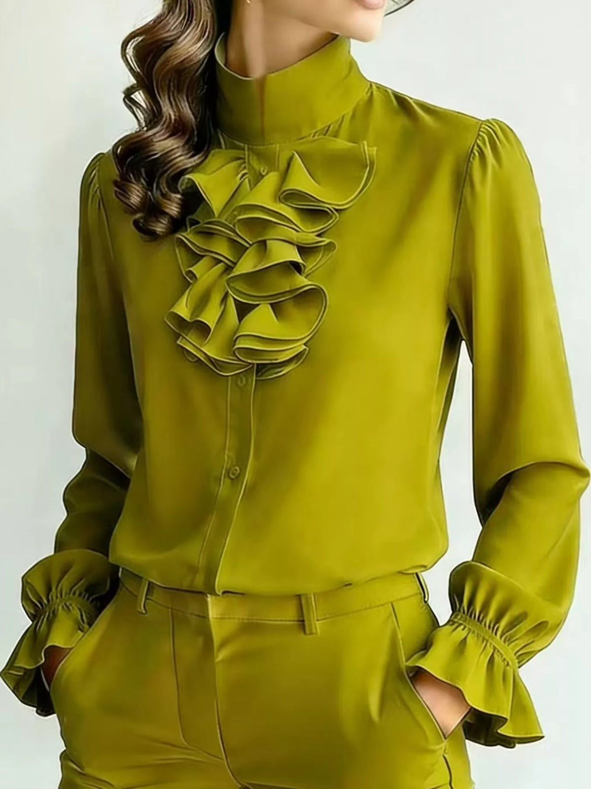 Ruffled Stand-Collar Blouse with Long Lantern Sleeves, front view