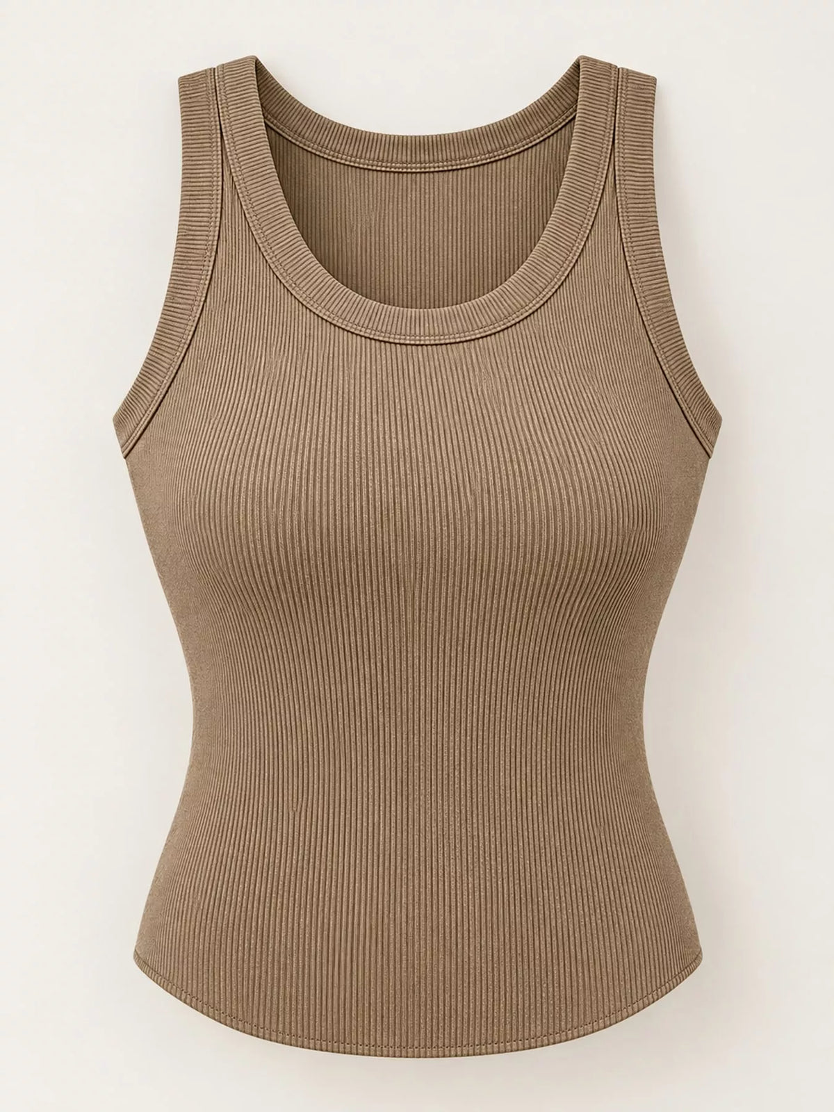 Taupe ribbed knit slim fit tank top, front view