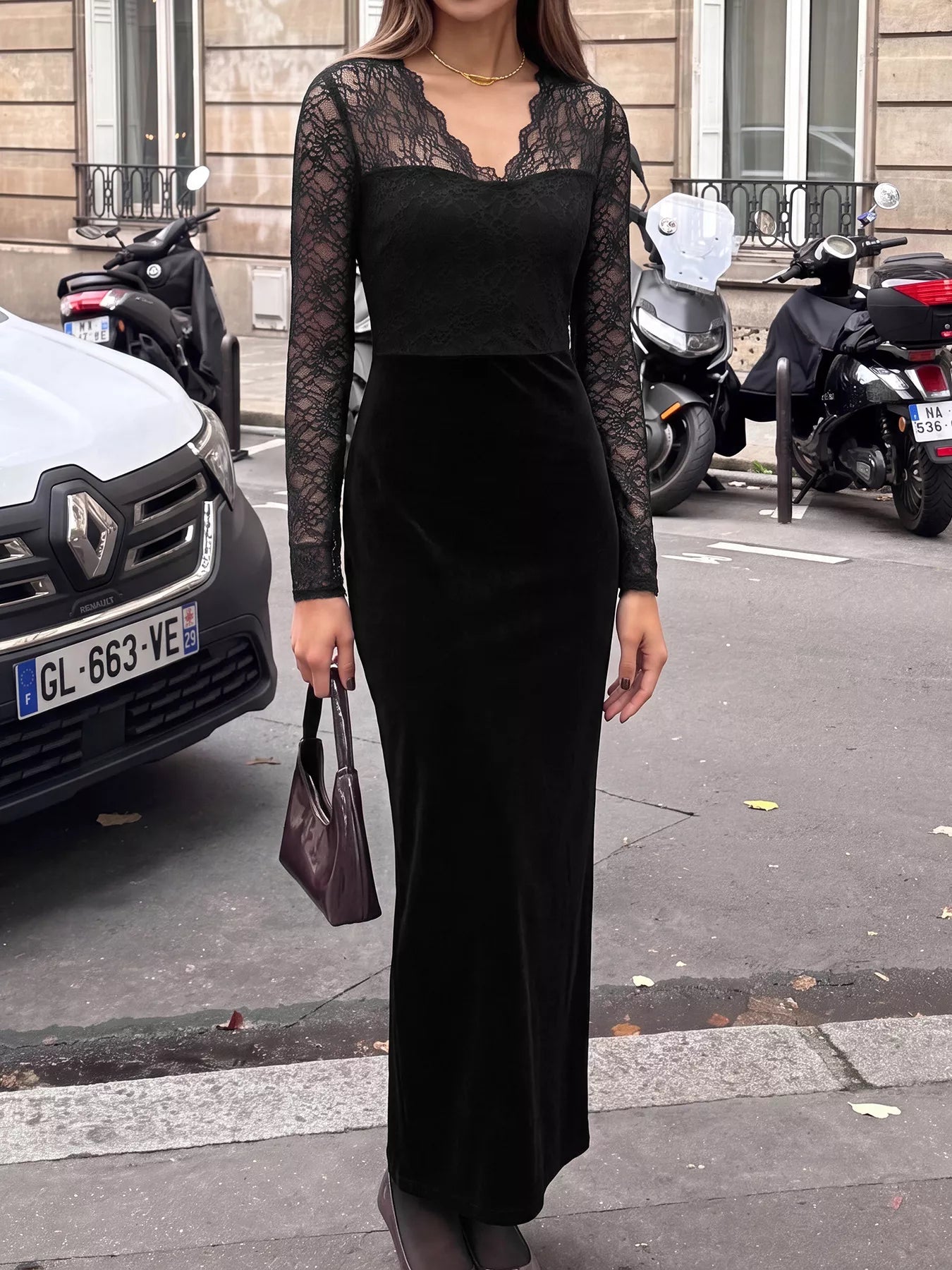Trendsi Elegant Lace and Velvet Midi Dress -