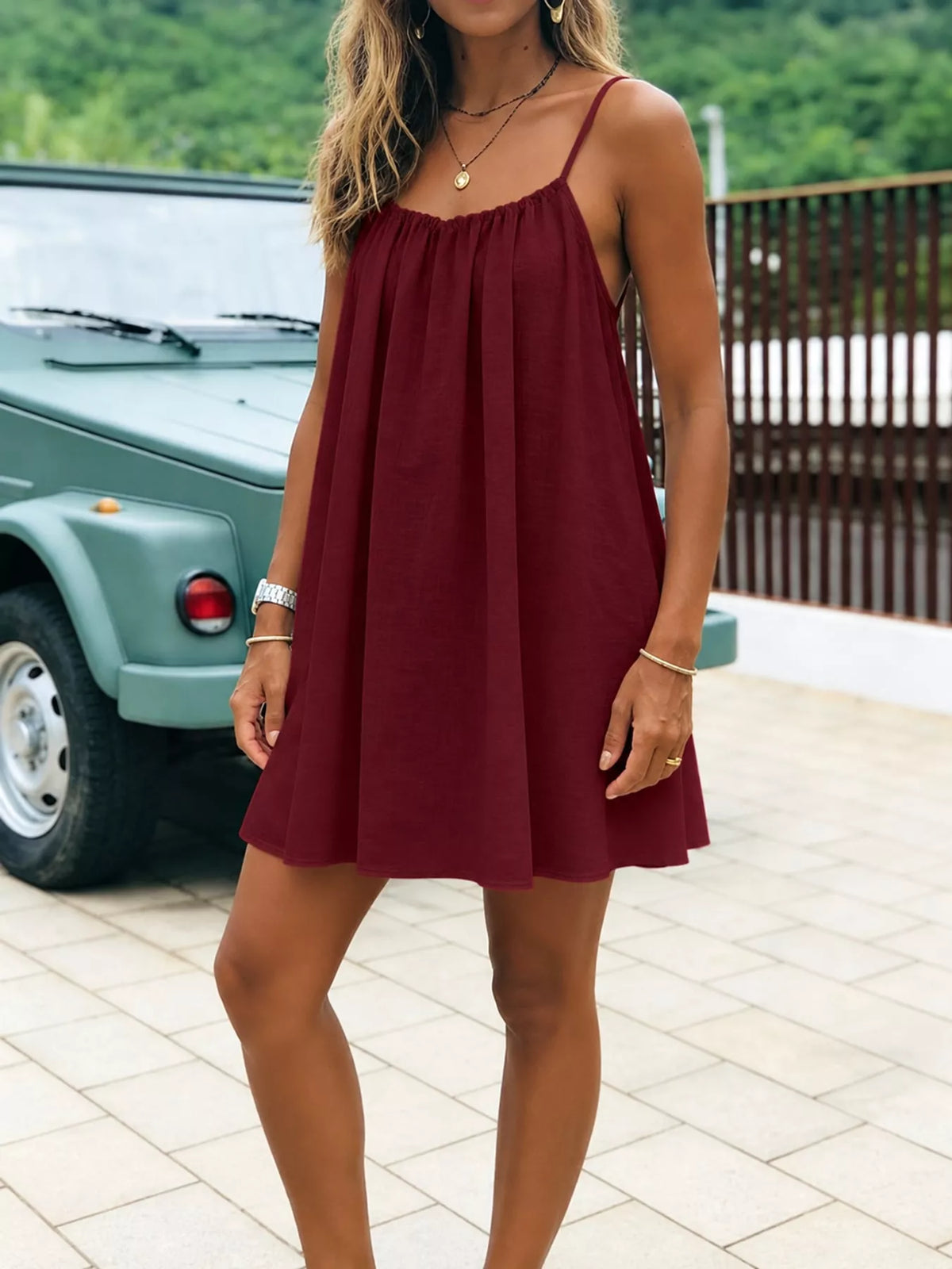 Burgundy spaghetti strap A-line mini dress with open tie back