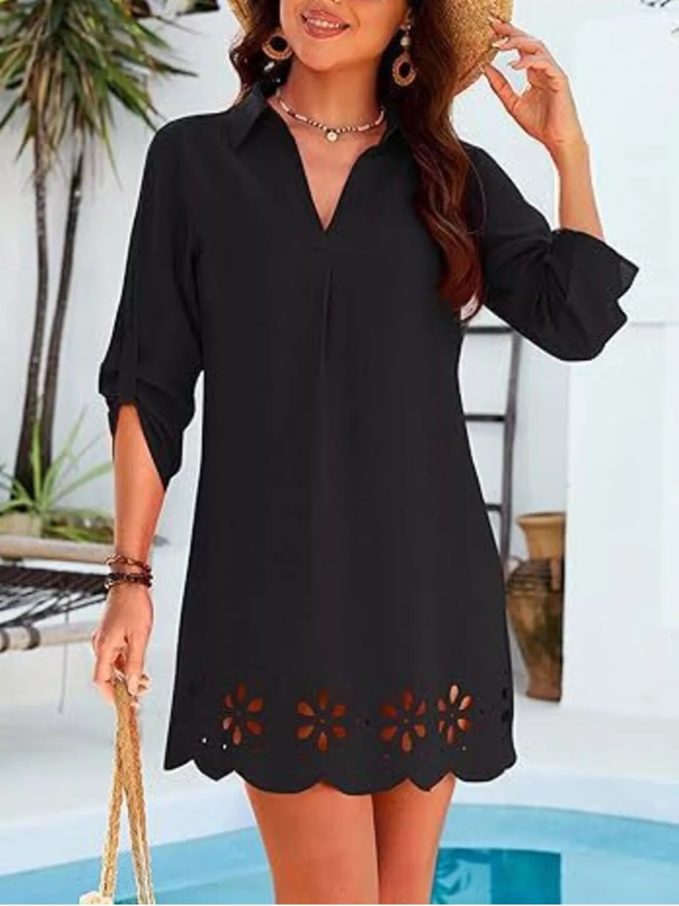 Trendsi Scalloped Eyelet Hem Roll-Up Sleeve Dress -