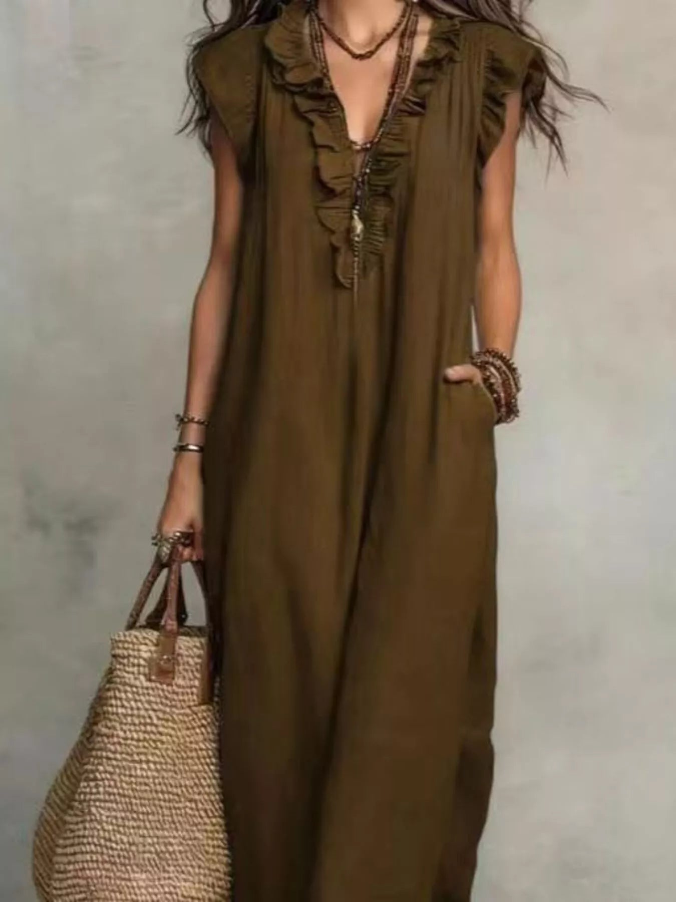 Trendsi Full Size Bohemian Ruffle Neck Maxi Dress Plus Size -