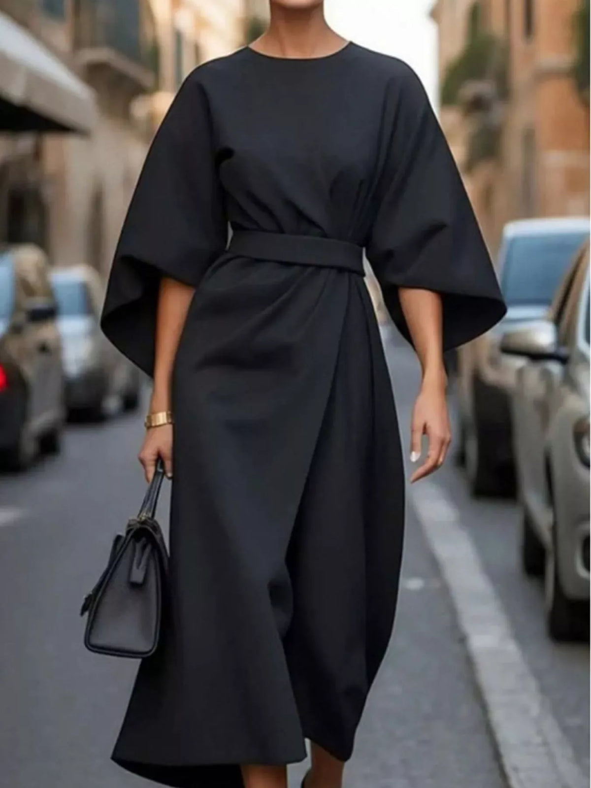 Black round neck kimono sleeve midi dress