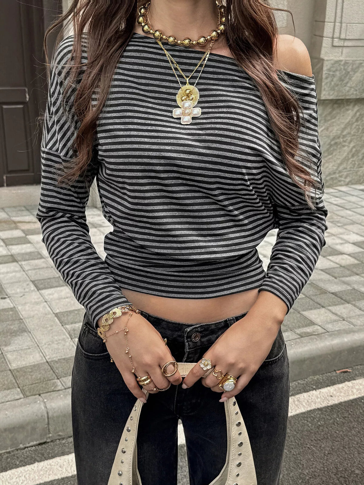 Striped One Shoulder Long Sleeve T-Shirt in black, front view