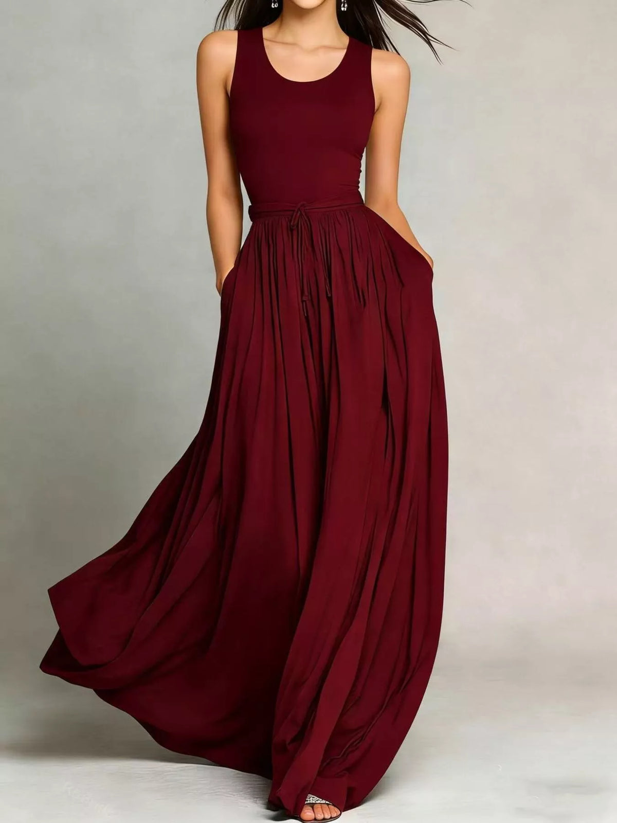 Burgundy solid color maxi dress