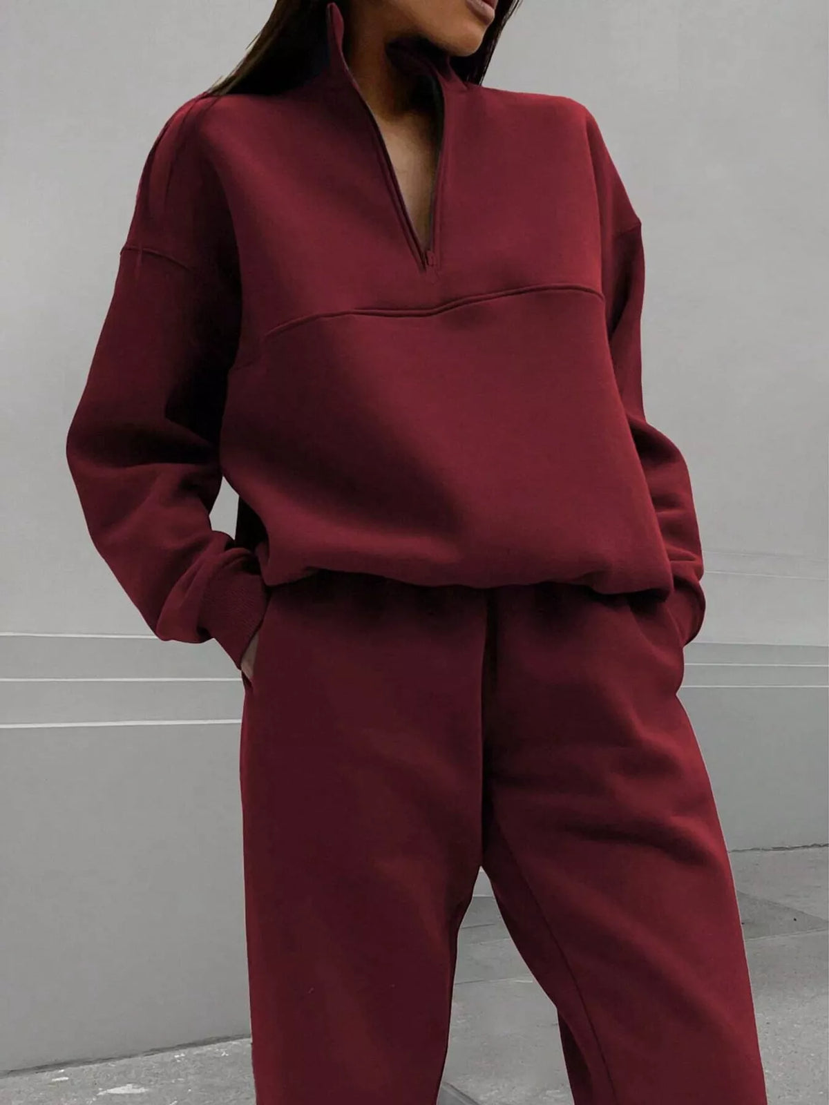 Half-zip top and pants set, burgundy front
