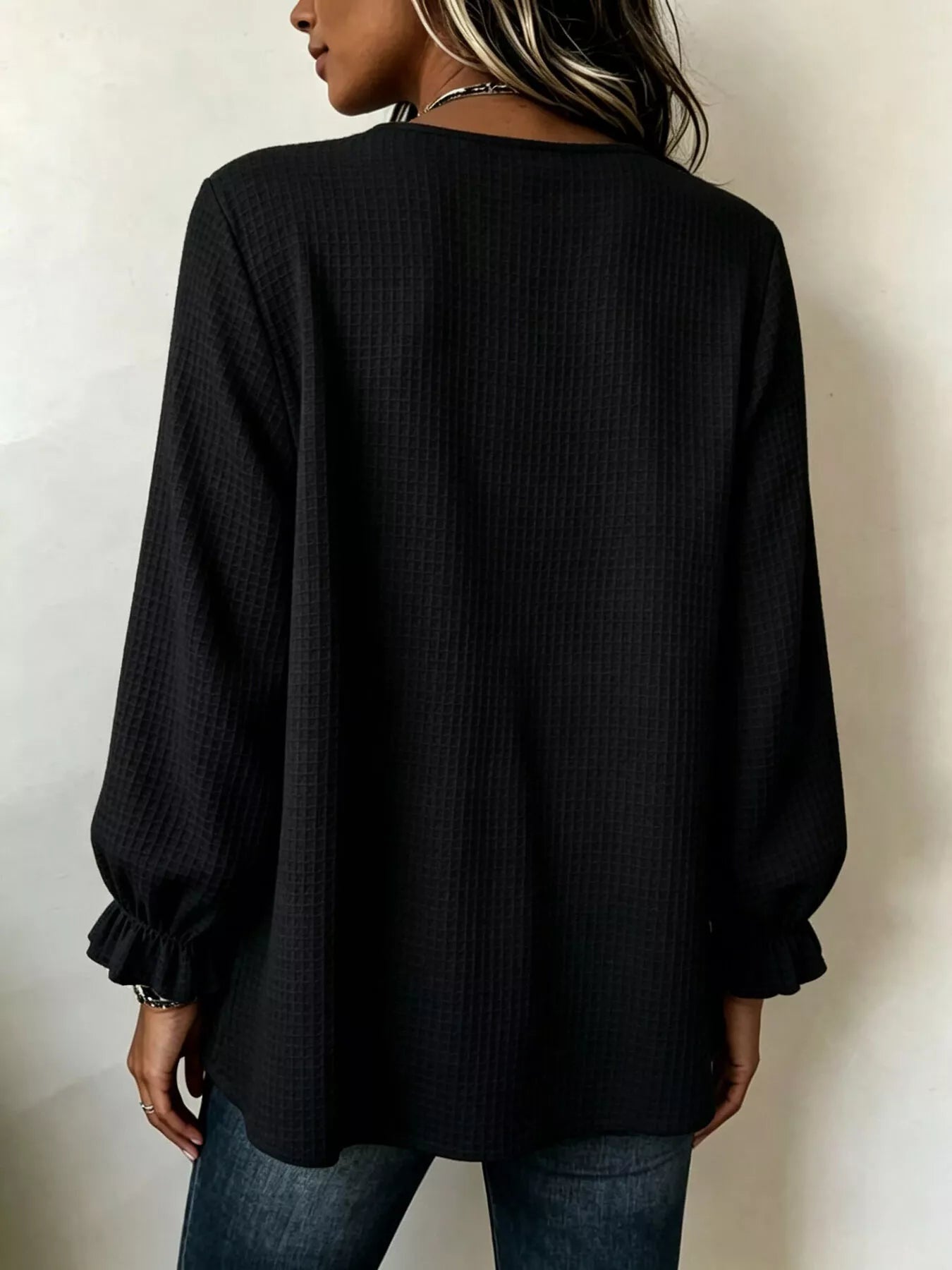 Waffle-knit long sleeve top